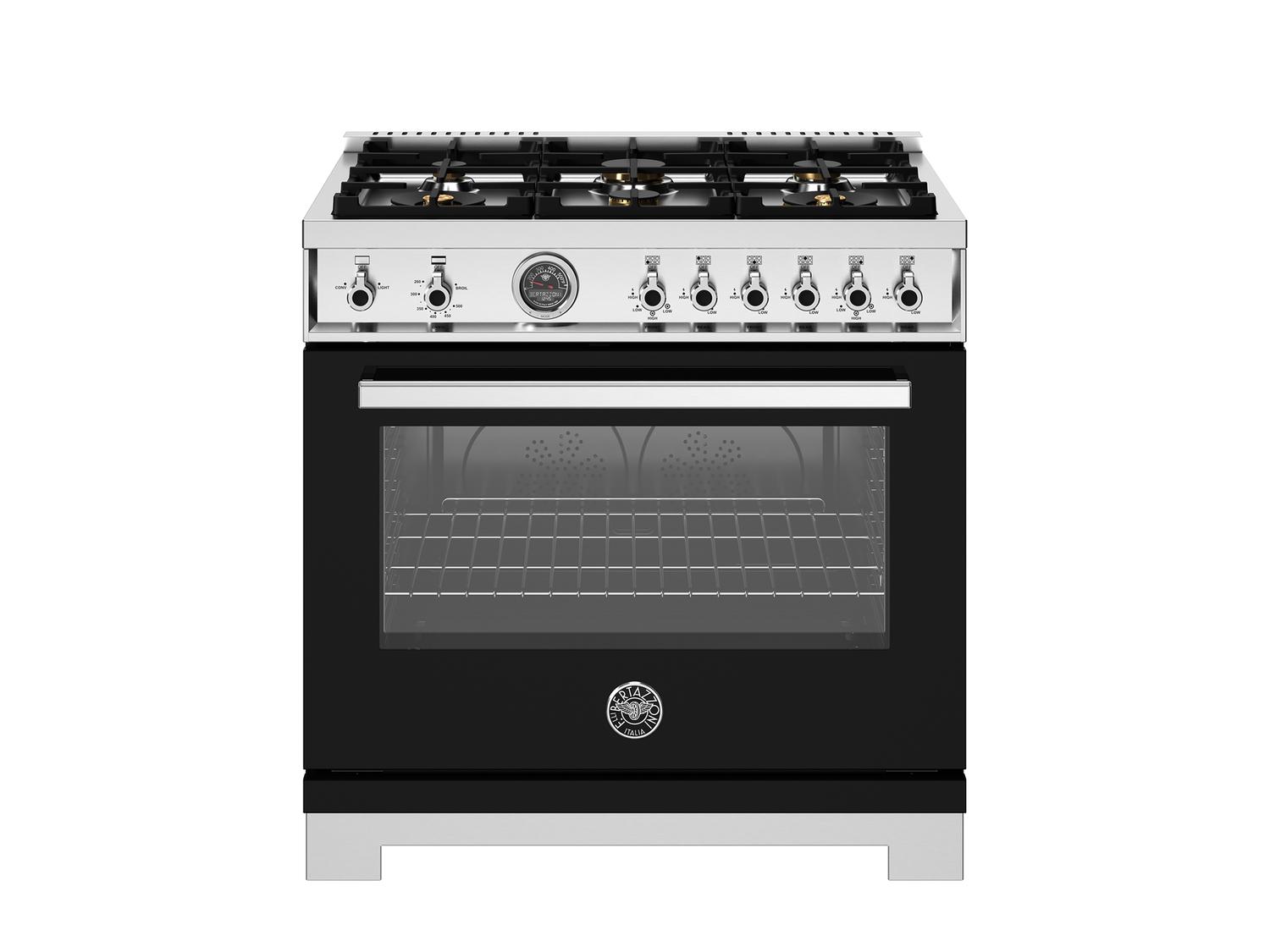 Bertazzoni PRO366BCFGMNET 36 Inch Professional Gas Range - 6 Brass Burners & Cast Iron Griddle in Nero Black - Perfect for Home Chefs & Commercial Kitchens