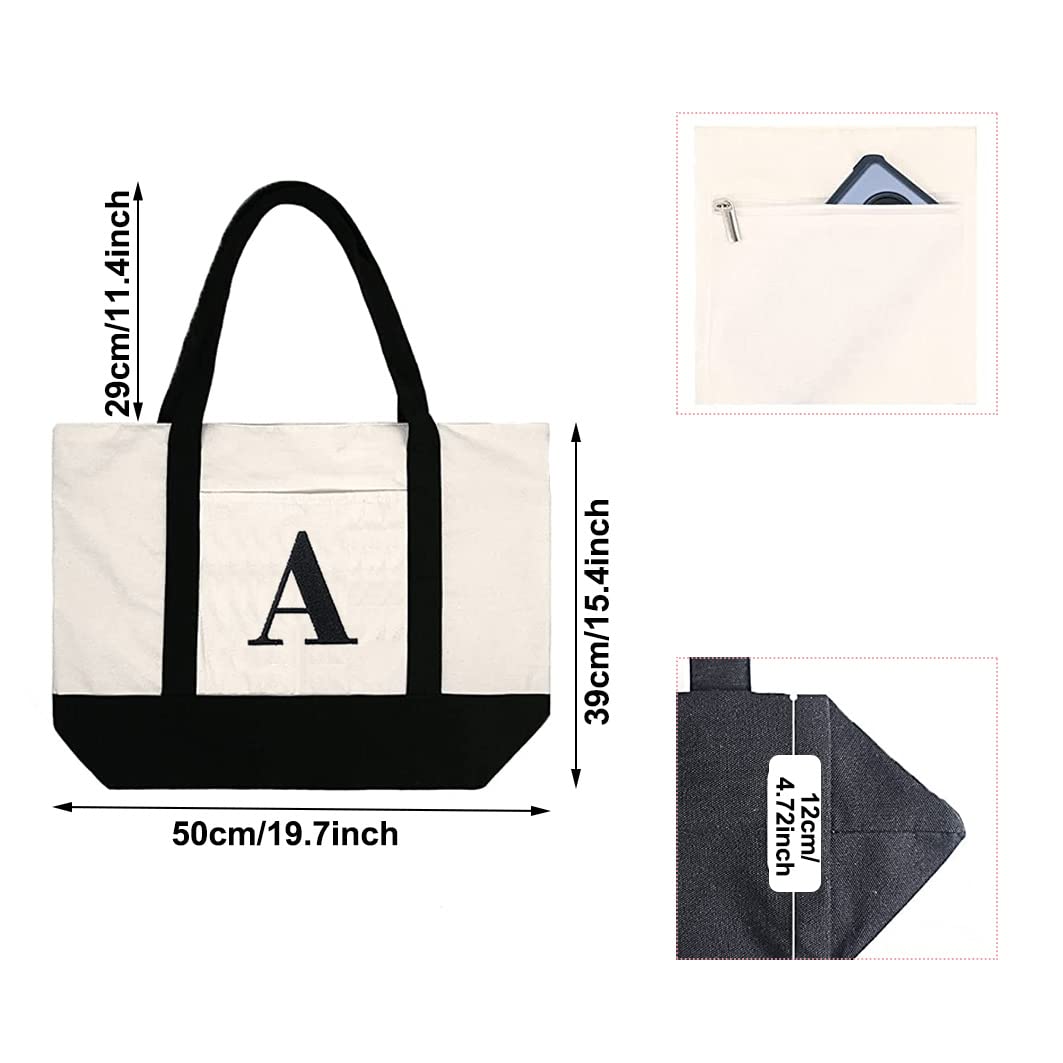 Personalized Initial Canvas Beach Bag with Zipper - for Women, Moms & Travel