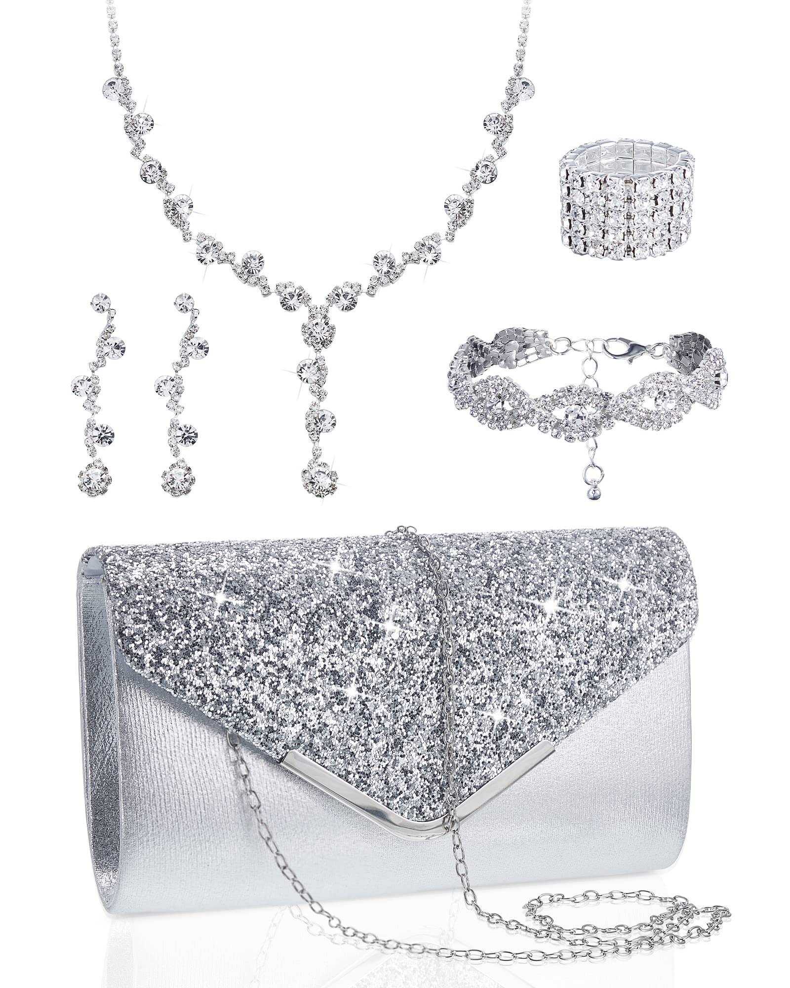 Henoyso 5-Piece Rhinestone Jewelry Set with Clutch Purse - Necklace, Earrings & Bracelet for Women - Perfect for Bridal, Prom & Evening Events