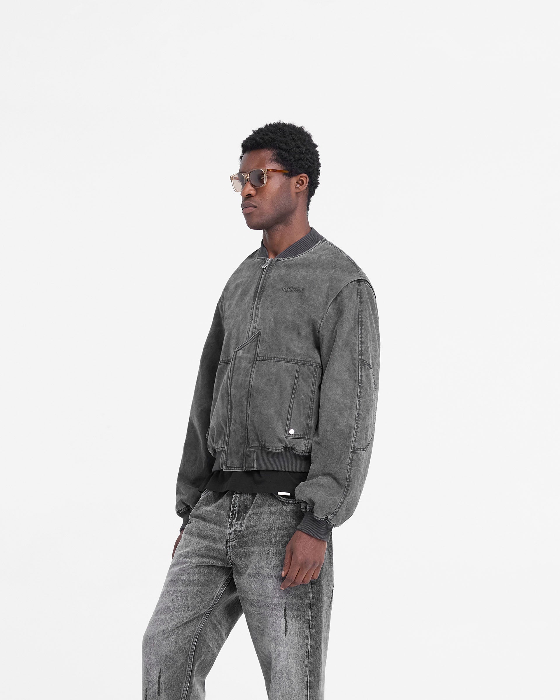 Stylish Inset Sleeve Bomber Jacket in Stained Black - Perfect for Casual Outings & Nightlife