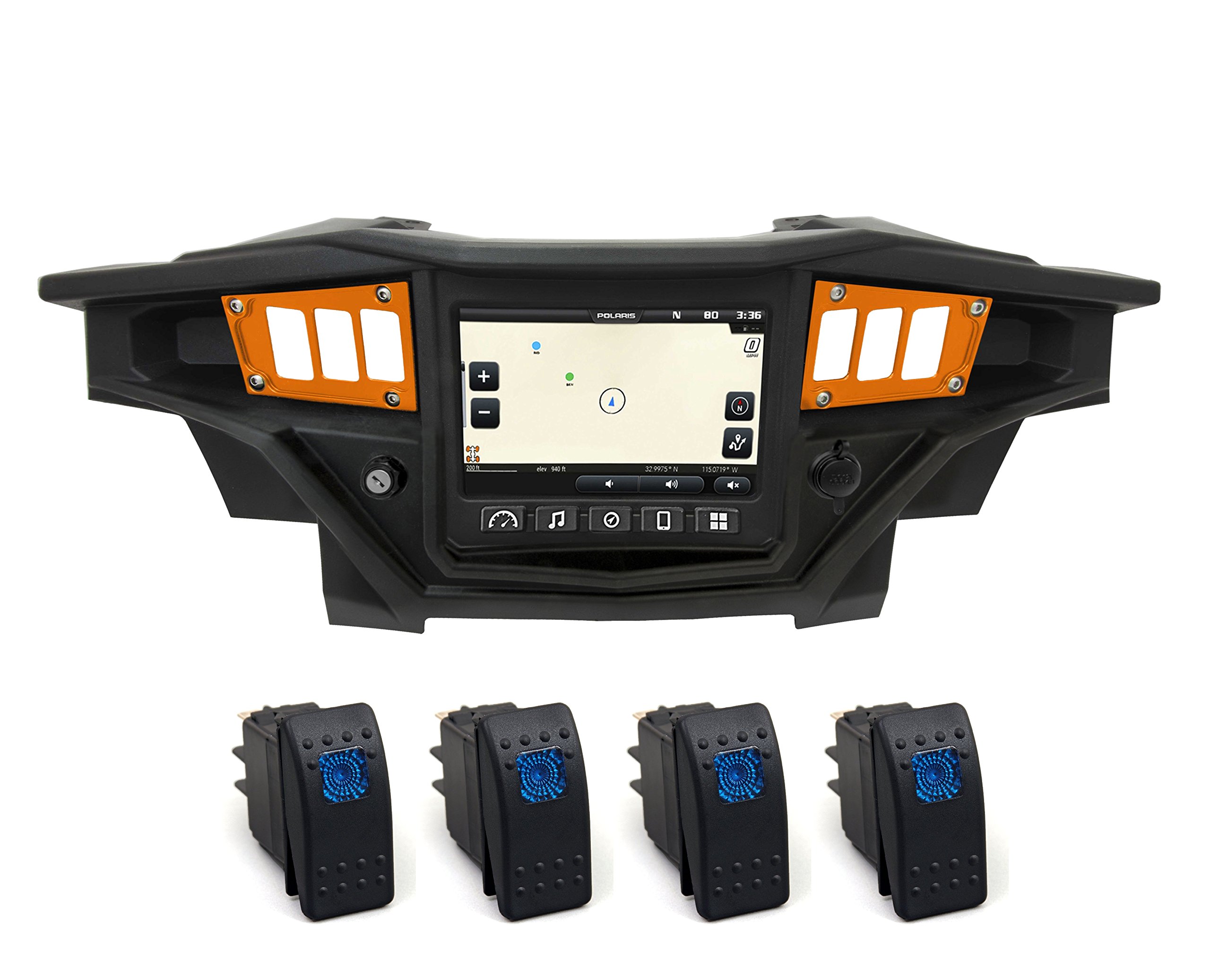 STV Motorsports Custom Switch Dash Panel Plates for 2017-2018 Polaris RZR XP 1000 RIDE COMMAND - 4 Free Rocker Switches Included - 100% Made in USA (Orange) - Perfect for Off-Roading & UTV Customization