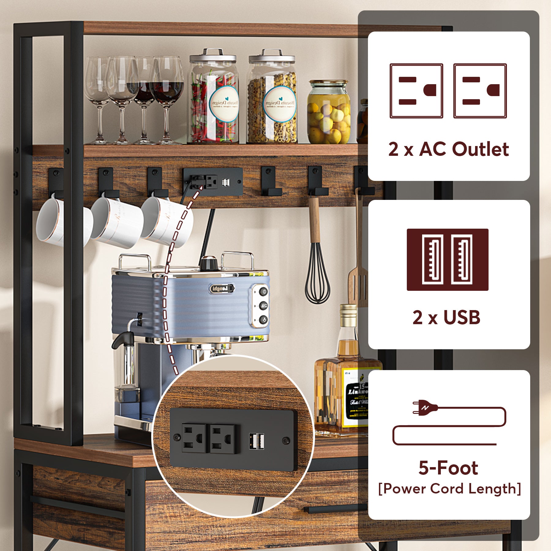 5-Tier Metal Kitchen Baker's Rack with Electrical Outlets, Storage Drawer & Adjustable Shelves - Perfect for Baking, Cooking, and Organizing Small Appliances in Home Kitchen