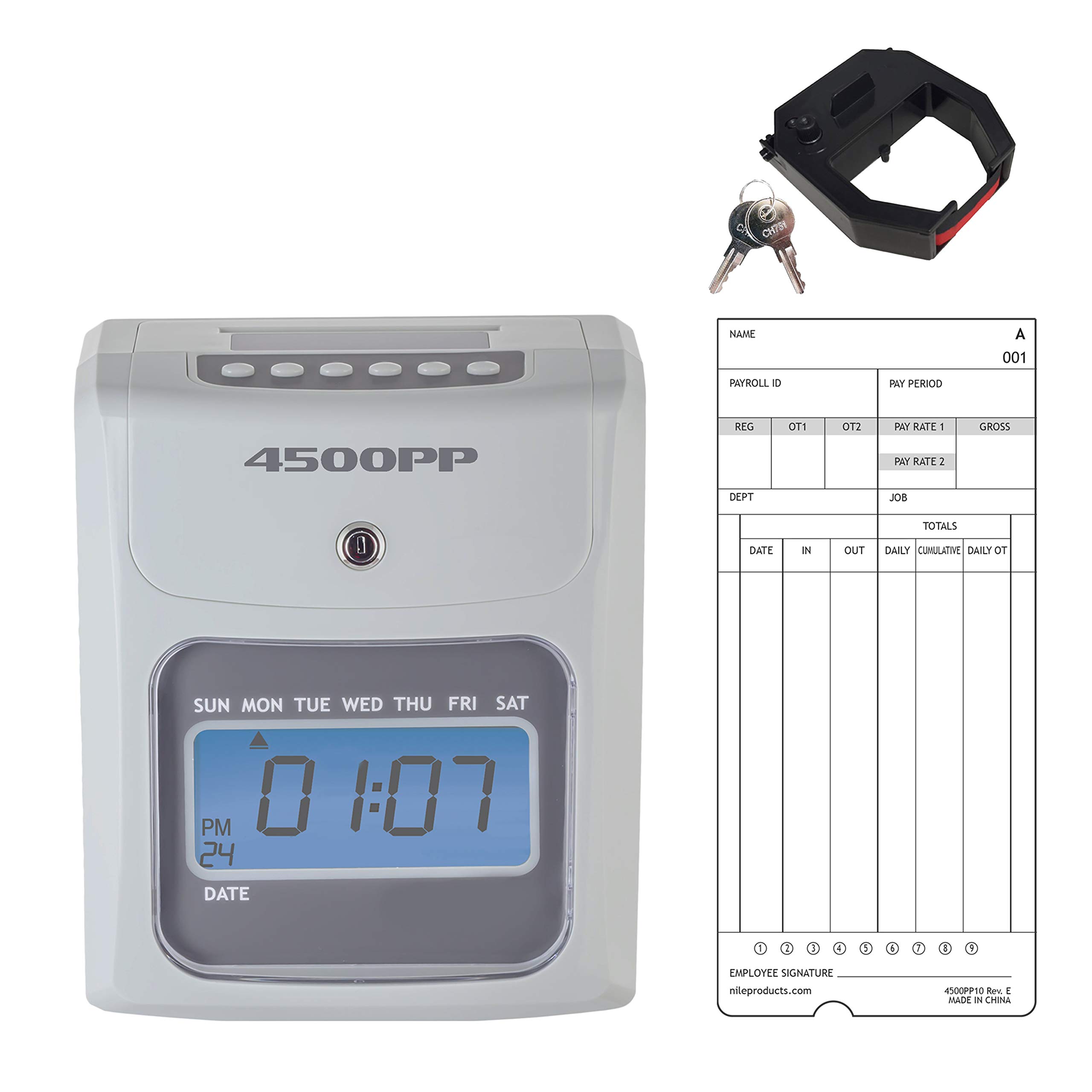 Nile Products - 4500PP Electronic Time Clock with Employee In/Out Tracker | Small Business Punch Card Bundle Includes 25 Time Cards, 1 Ink Ribbon & 2 Security Keys | Ideal for Office, Retail & Warehouse Attendance Tracking