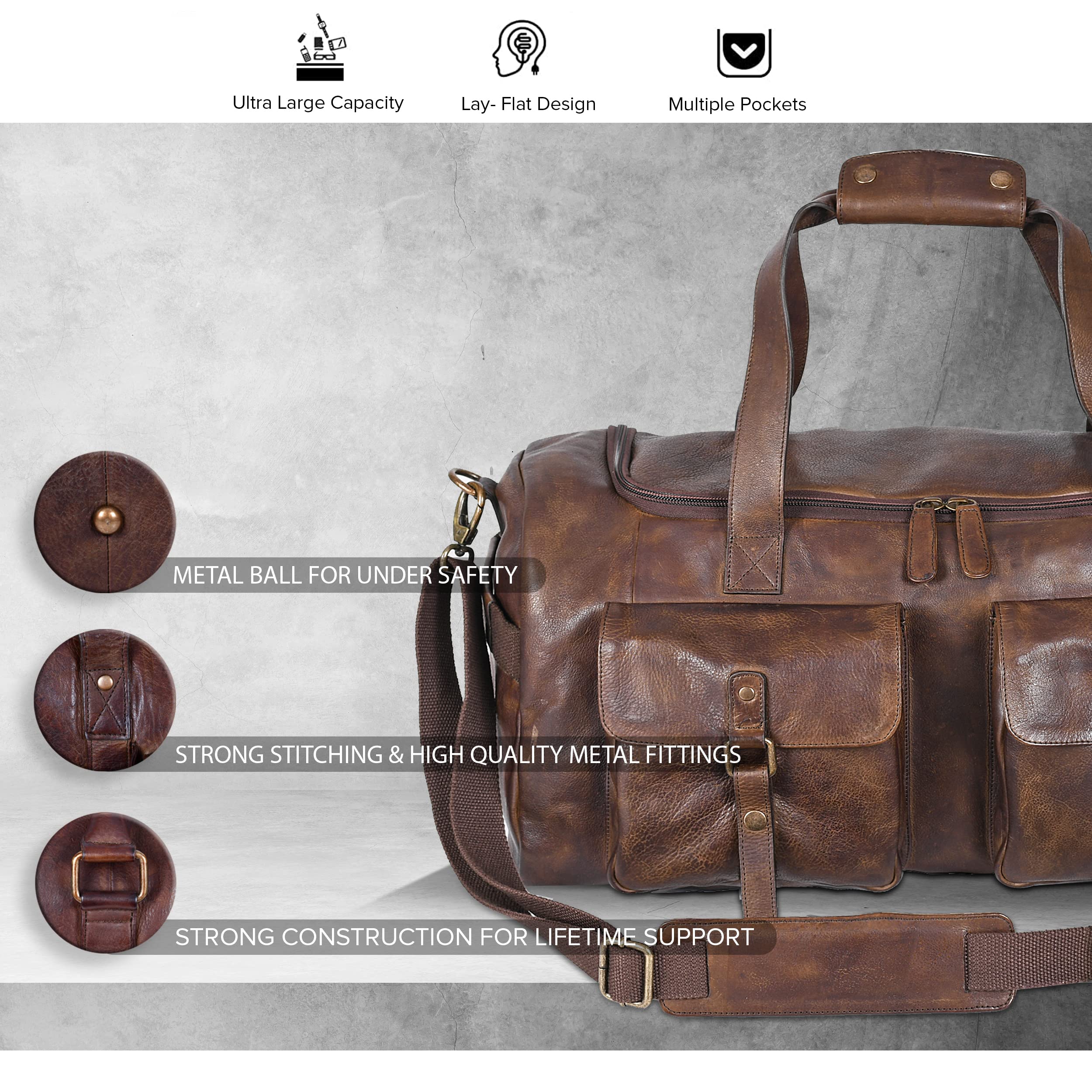 Genuine Leather Weekender Bag - Oversized Travel Duffel Carry-On for Men & Women | Perfect for Weekend Getaways, Business Trips & Gym (Brown Wash)