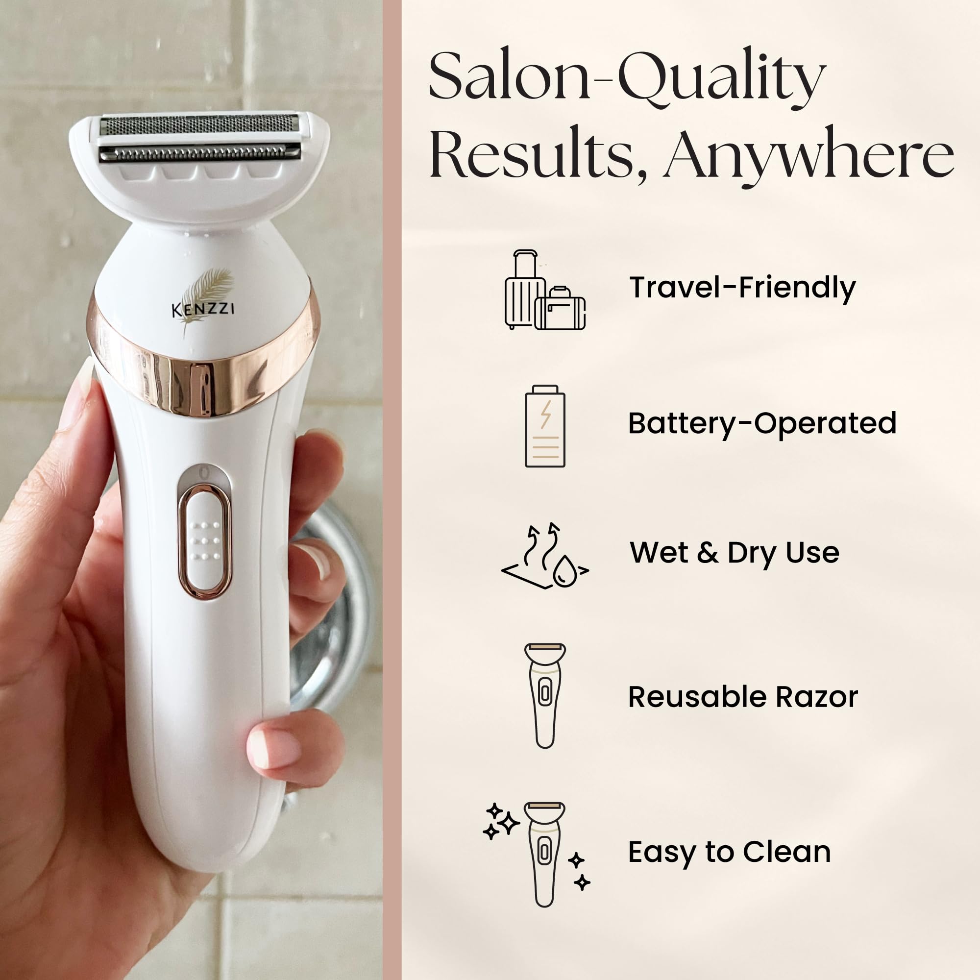 Kenzzi Electric Shaver for Women - 3-Blade Rechargeable Bikini Trimmer & Body Shaver - Wet/Dry Use for Legs, Underarms, Bikini Area - Cordless Razor for Sensitive Skin - Perfect for Travel, Gym & Quick Hair Removal at Home