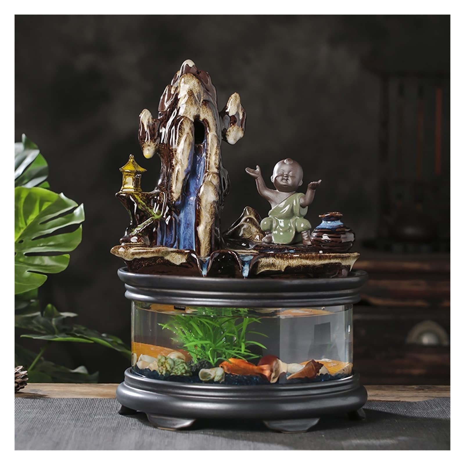 TOMYEUS Indoor Zen Waterfall Fountain with Pump - Glass Tabletop Cascading Fountain & Fish Tank for Home, Office - Relaxing Ceramic Decorative Fountain for Meditation, Stress Relief & Feng Shui