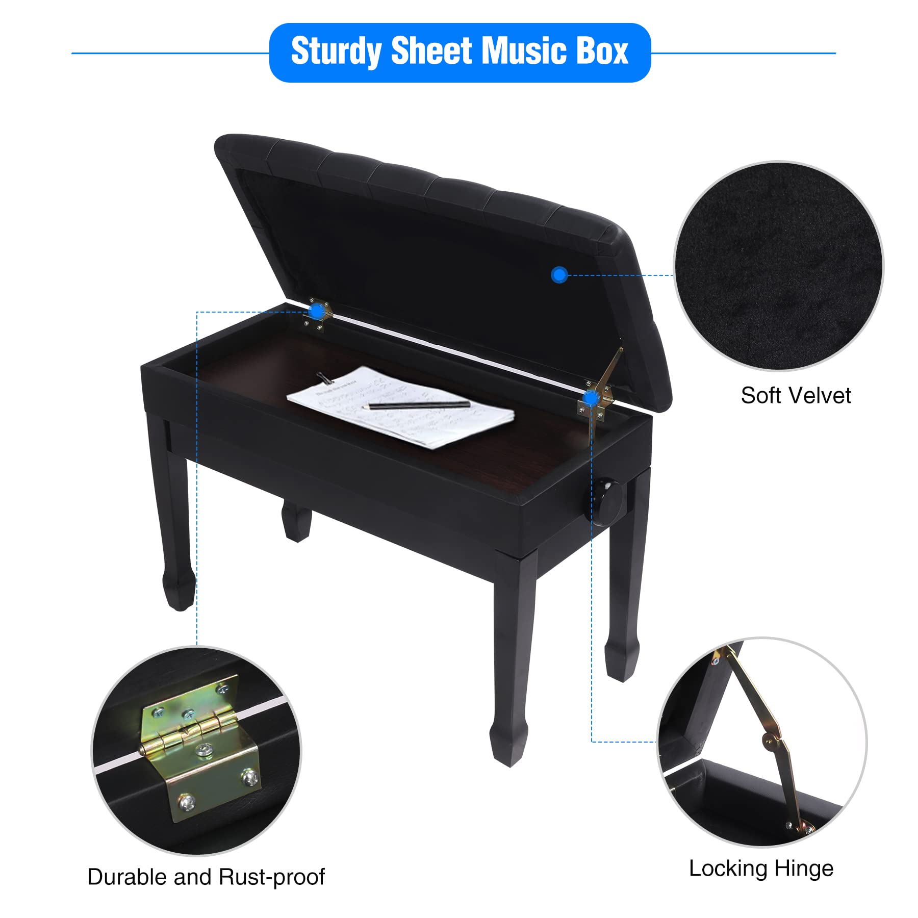 Adjustable Duet Piano Bench with Storage - Heavy Duty Wooden Double Keyboard Bench Seat with PU Leather Cushion - Black - Perfect for Piano Players, Music Teachers & Home Studios