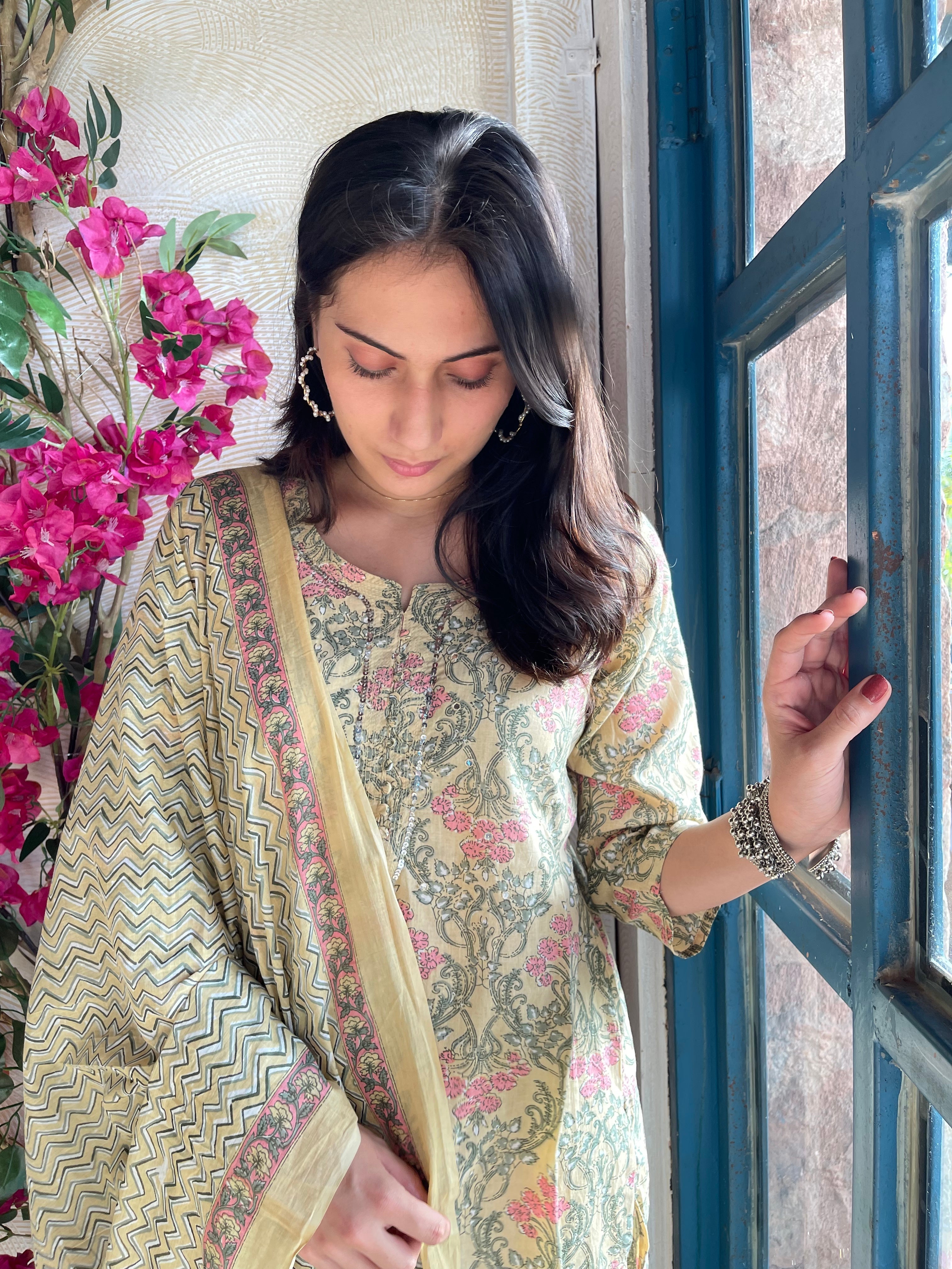 Handmade Yellow Block Print Kurta Suit Set for Women | Traditional Indian Ethnic Wear | Perfect for Festivals, Weddings & Casual Outings