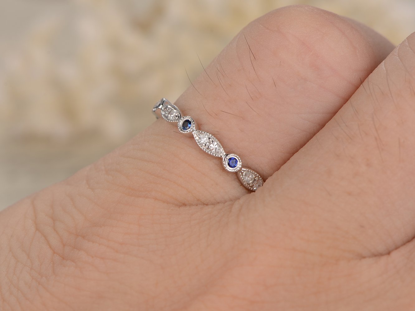 14K White Gold Sapphire Diamond Wedding Band - Half Eternity Bezel Set Ring with Milgrain Detailing | Art Deco Inspired Bridal Jewelry for Engagement, Anniversary & Special Occasions