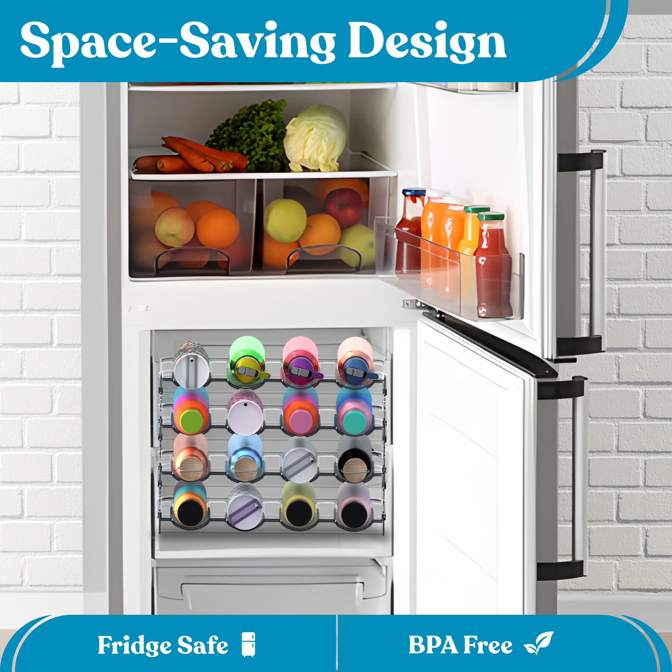 4-Tier Stackable Water Bottle Organizer for Cabinet & Pantry - Holds 16 Bottles, Space-Saving Tumbler Storage Rack for Refrigerator or Countertop - Perfect for Kitchen, Office & Dorm Organization