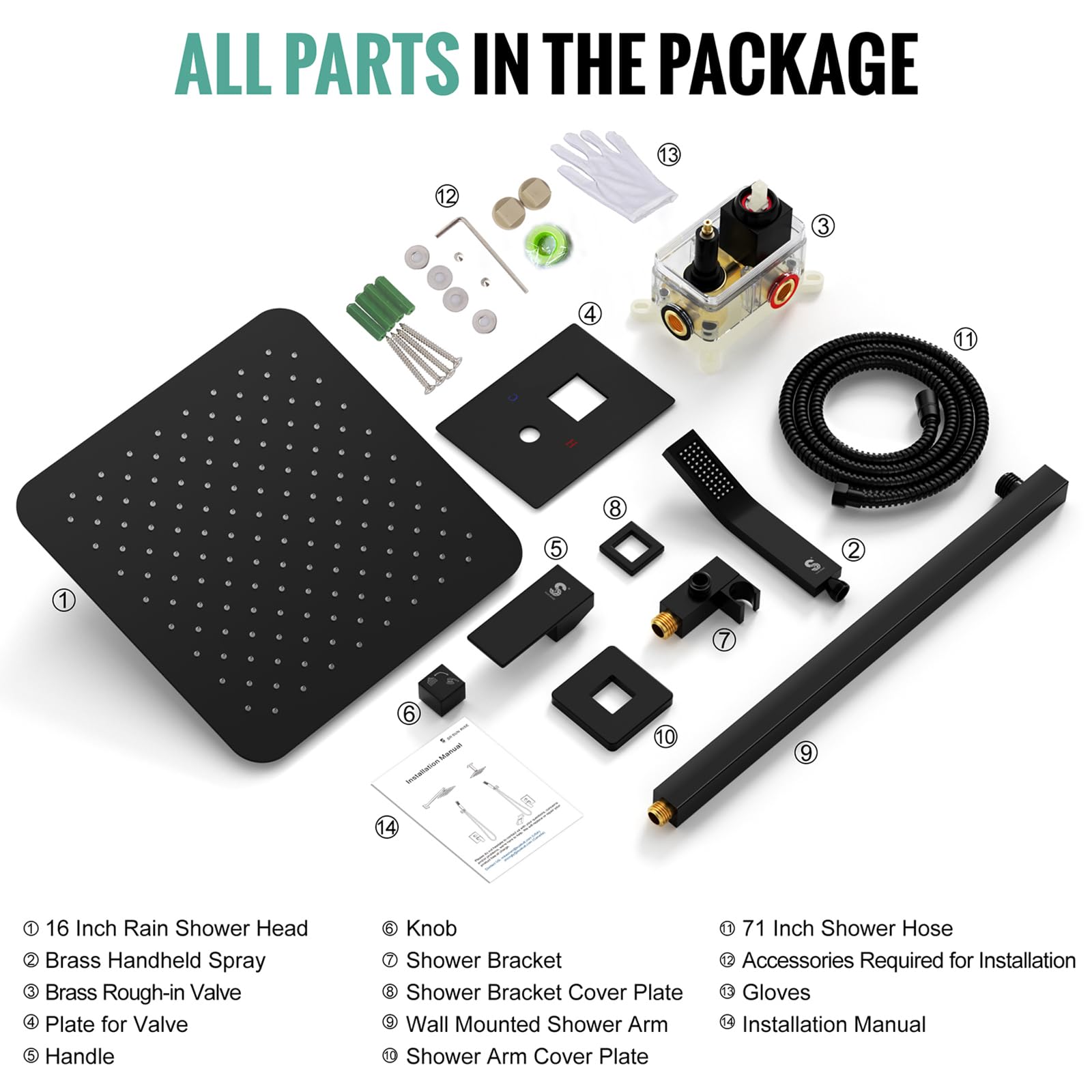 SR SUN RISE Matte Black Square Rainfall Shower Head and Handle Set - 16 Inch Wall Mounted Shower Fixtures with Metal Faucet Trim & Valve | Perfect for Bathroom Renovation & Spa-Like Shower Experience