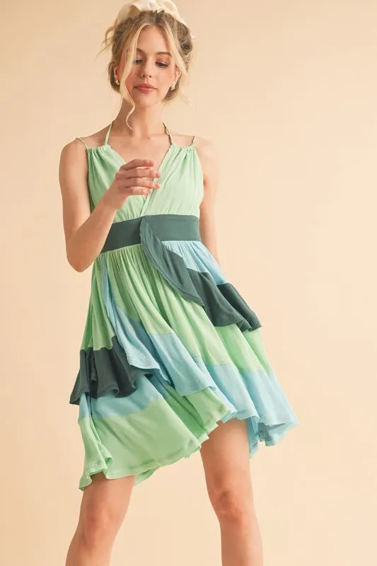 Stylish Green Ruffled Sleeveless Mini Dress for Women - Perfect for Beach Vacation, Summer Party & Resort Wear