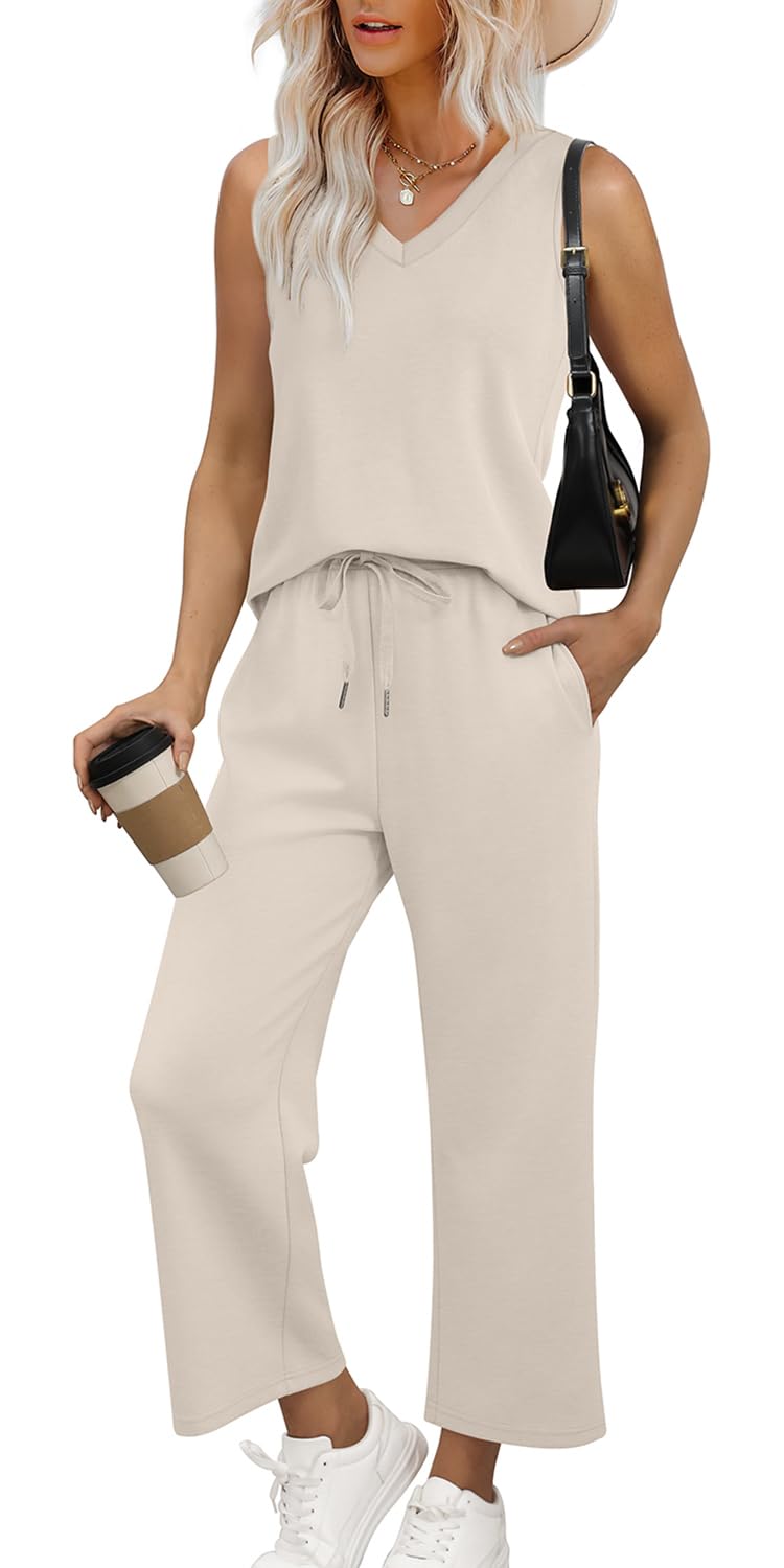 WIHOLL Women's Summer Two Piece Outfit Set - Trendy V-Neck Lounge & Vacation Matching Sets for Beach, Travel, and Casual Wear