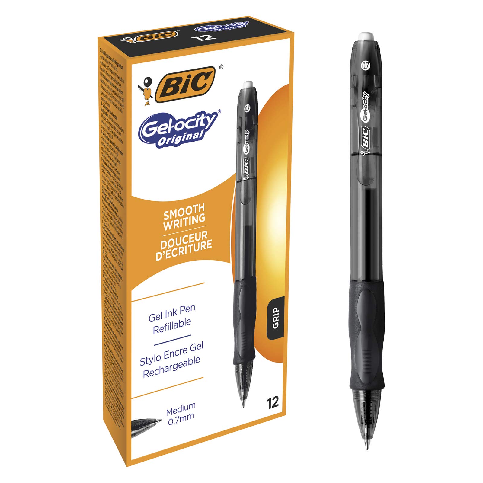 Bic Gel-ocity Original Gel Pens - 12 Pack Black Medium Point (0.7mm) - Soft Grip Comfort & Smooth Writing for Office, School & Note Taking