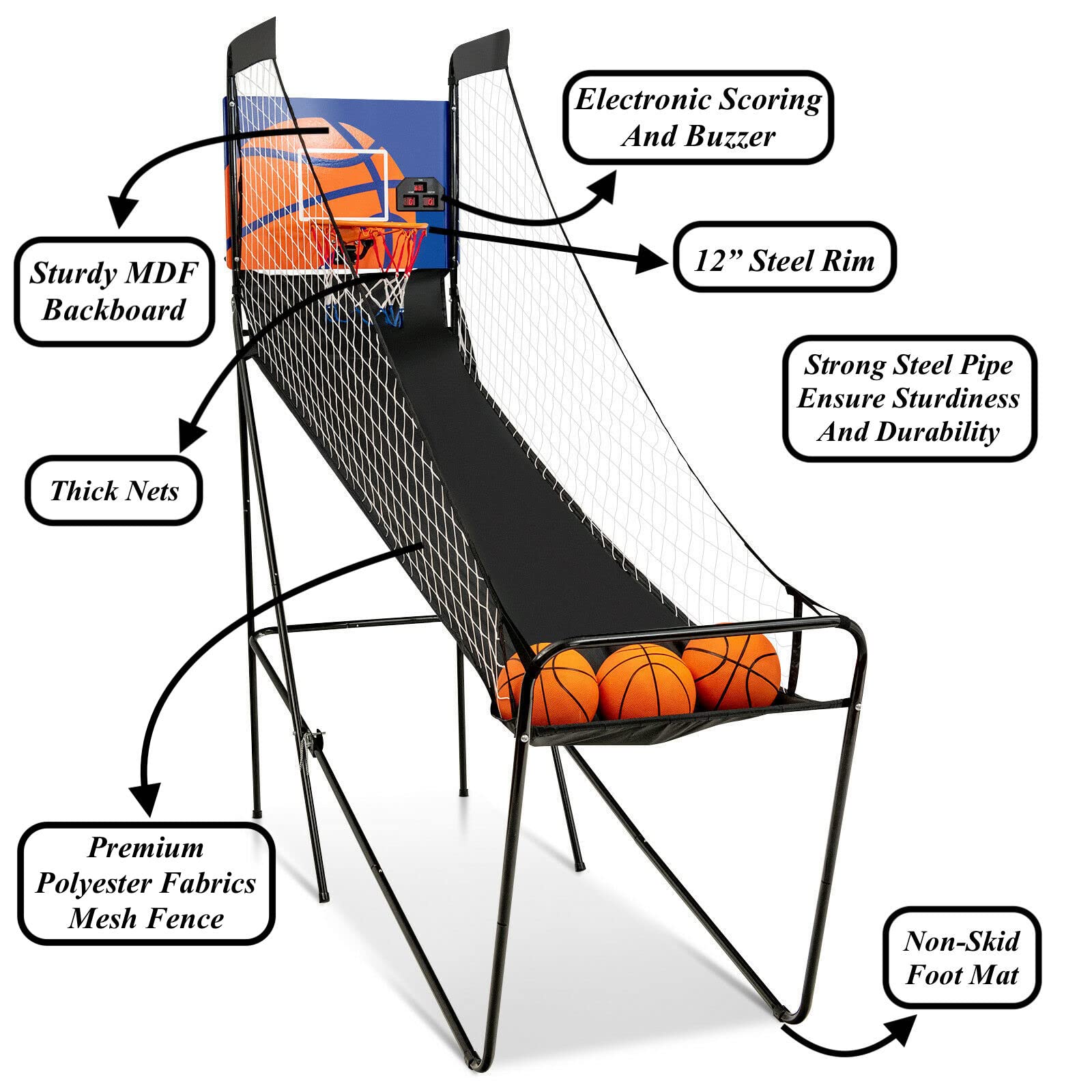 Foldable Single Shot Arcade Basketball Game Machine with 3 Basketballs, Air Pump & Electronic Scorer - Steel Frame, Premium MDF Backboard, Polyester Fabric Mesh Fence - Perfect for Parties, Family Gatherings, Game Rooms & Indoor/Outdoor Fun