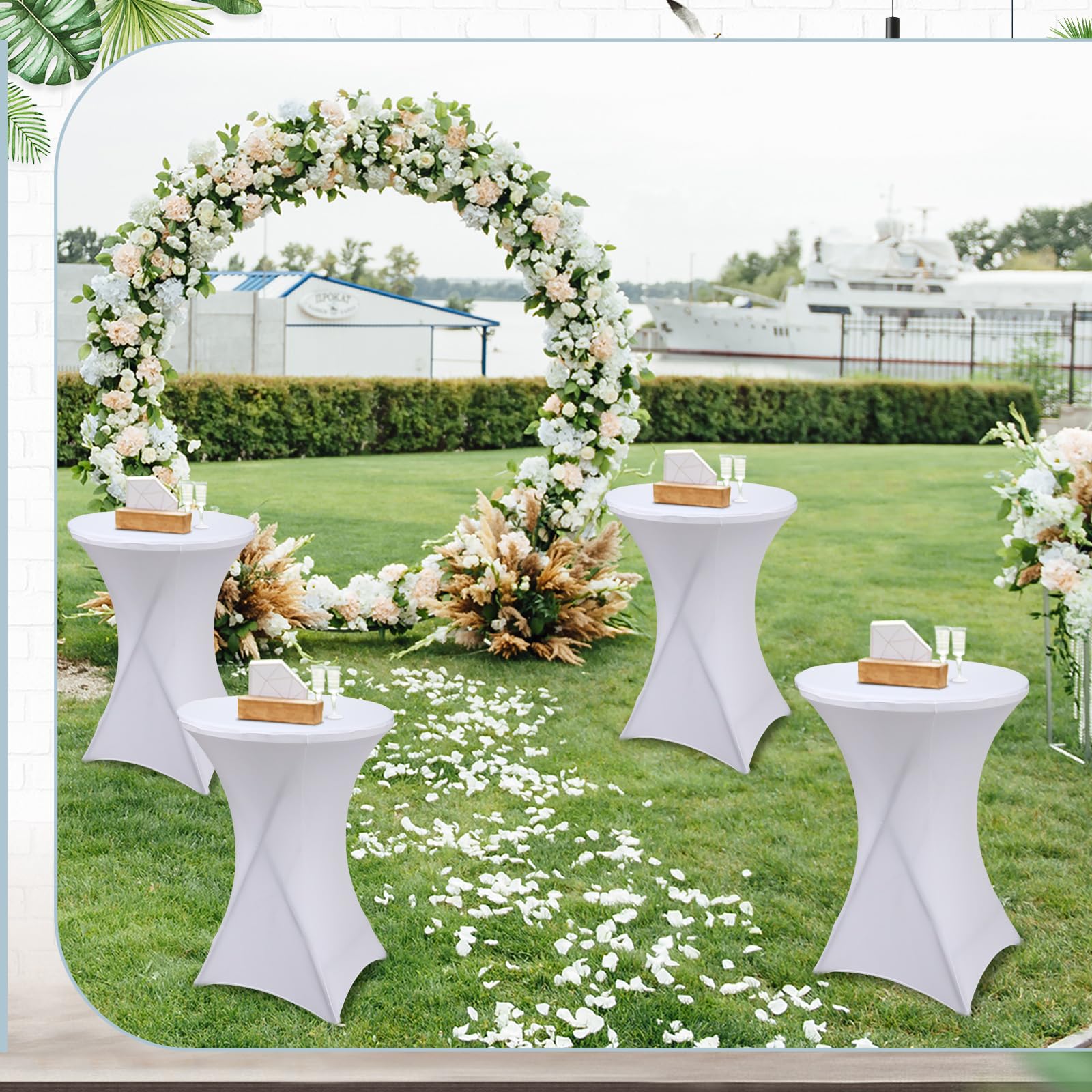 Wenqik 2-Pack 32'' High Top Cocktail Tables - White Round Bar Height Folding Tables with Removable Legs (32x43'') & Stretch Spandex Tablecloths - Perfect for Parties, Weddings, and Outdoor Events