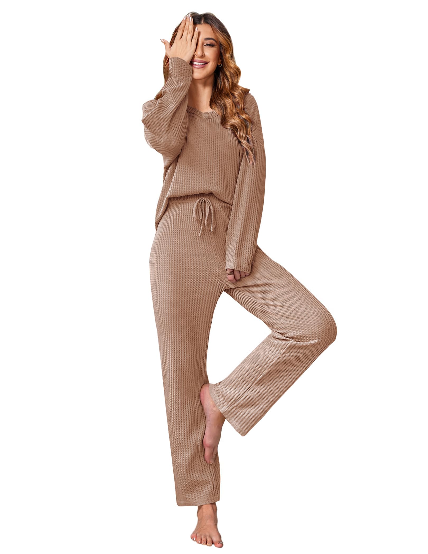 Ekouaer Women's Waffle Knit Pajama Set - Soft Long Sleeve Sleepwear & Lounge Outfit 2-Piece Matching PJ Set with Pockets - Cozy for Bedtime, Relaxing at Home & Winter Nights
