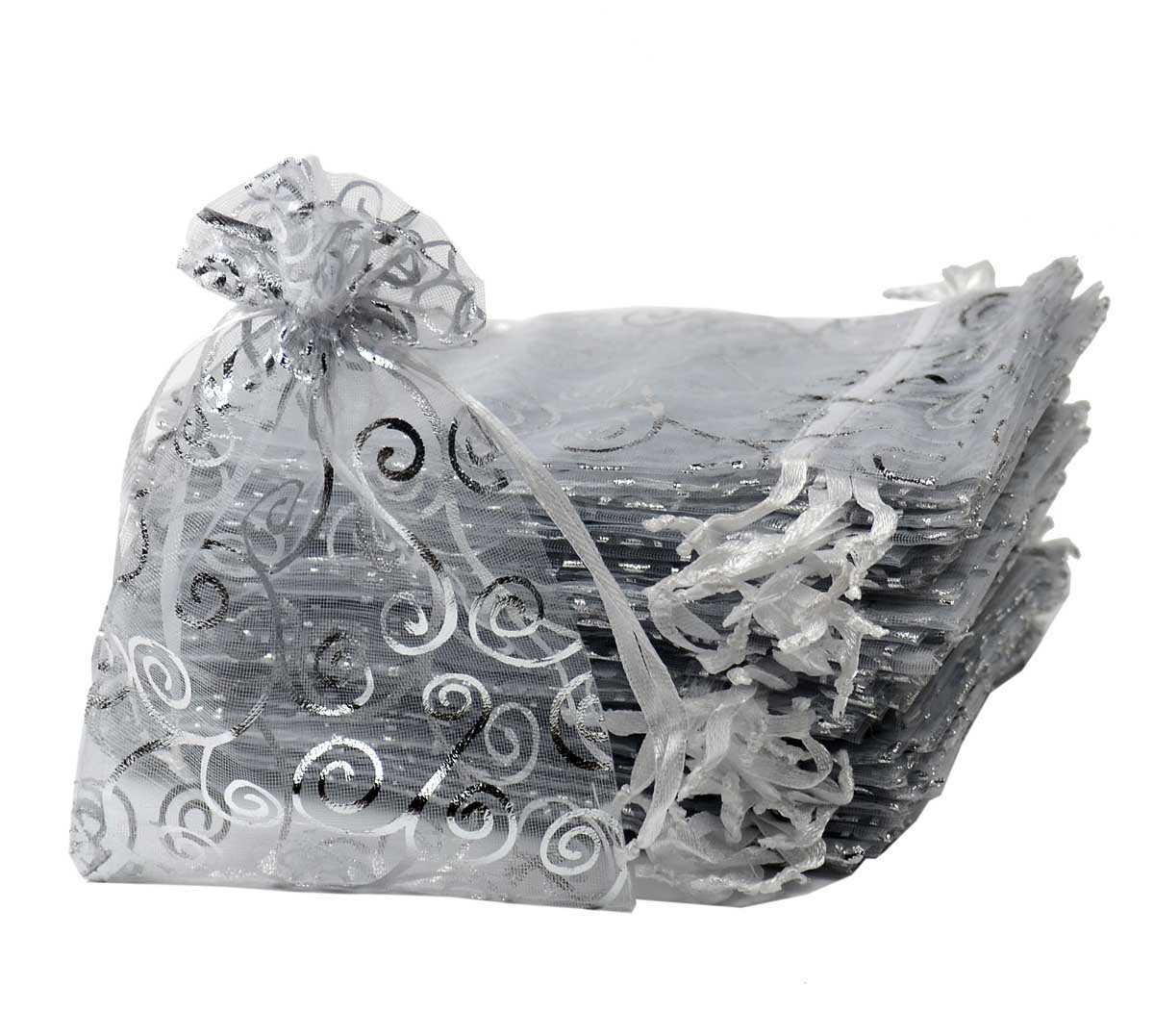 100Pcs Silver-White 5x7 Organza Bags for Jewelry, Wedding Favors, Party Gifts & Drawstring Pouches - Elegant Gift Packaging for Bridal Showers, Baby Showers & Special Occasions