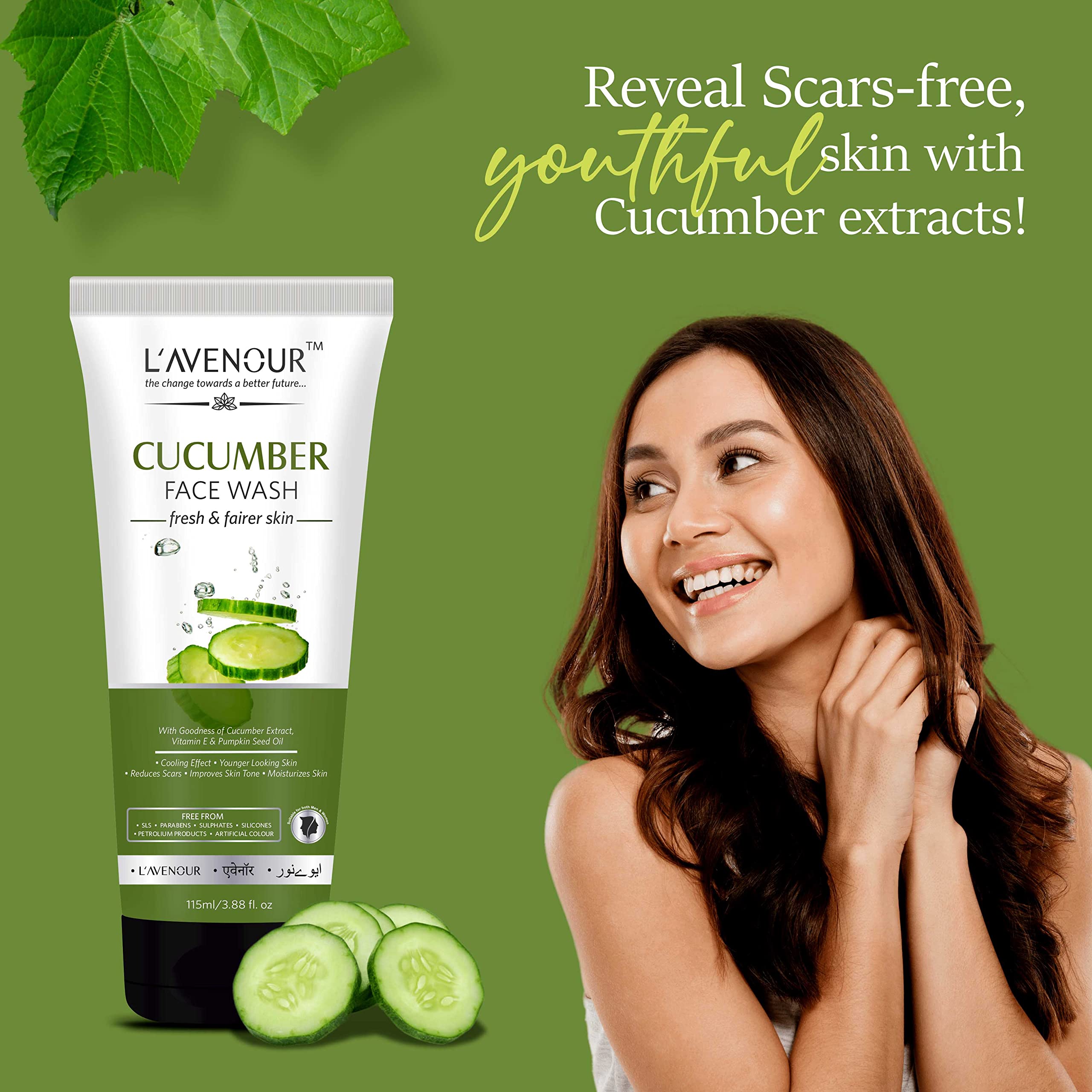 L'avenour Vitamin E Cucumber Face Wash for Men & Women - 115ml (Pack of 2) | Deep Cleansing, Brightening & Hydrating | Perfect for Daily Skincare Routine & Travel