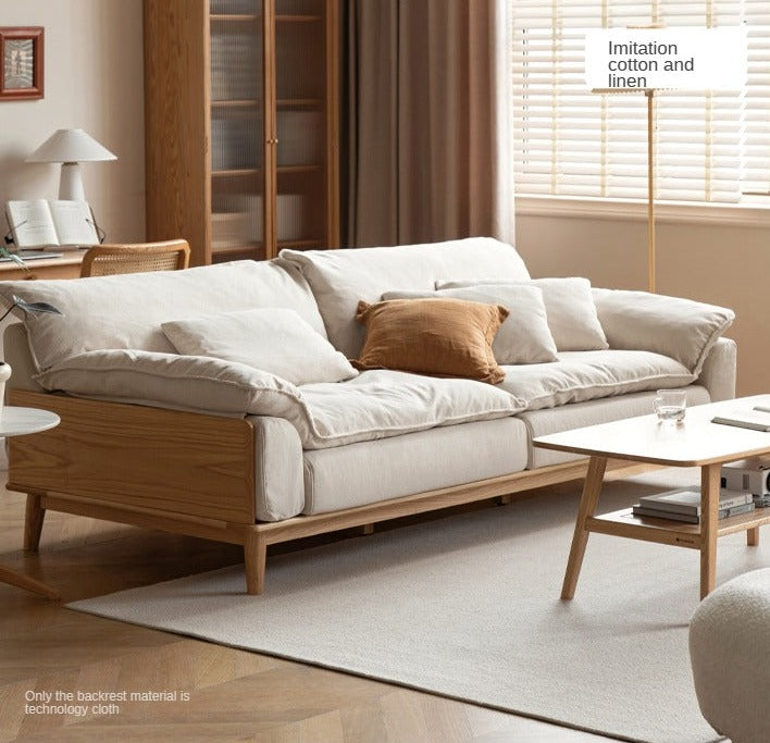 Premium Oak Solid Wood Sofa with High-Tech Fabric & Cotton Linen Finish - Modern Living Room Furniture for Home & Office Comfort