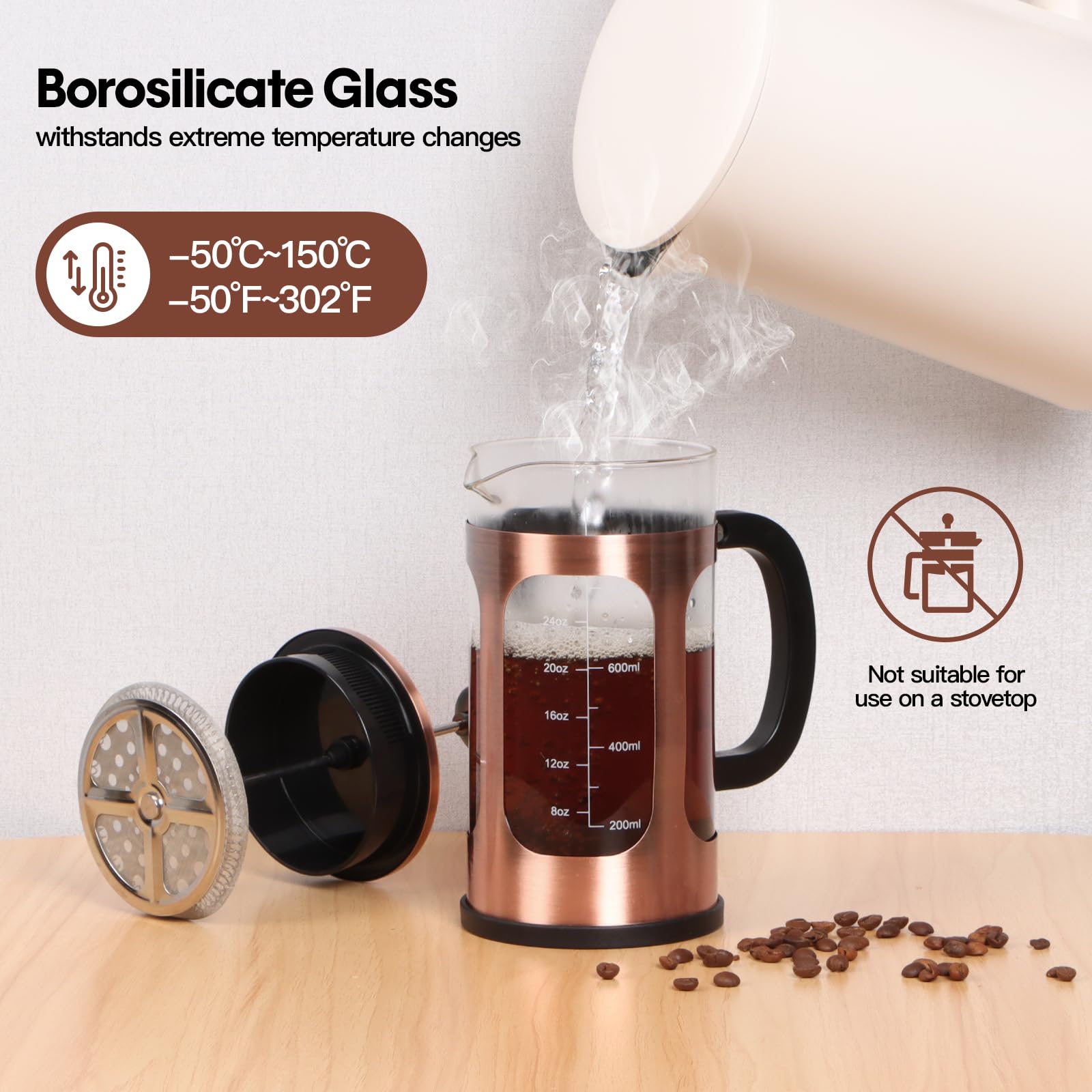 Panana 34oz 1L French Press Coffee Maker - Borosilicate Glass & Stainless Steel (Copper) - Ideal for Hot/Cold Brew Coffee & Tea at Home, Office or Camping