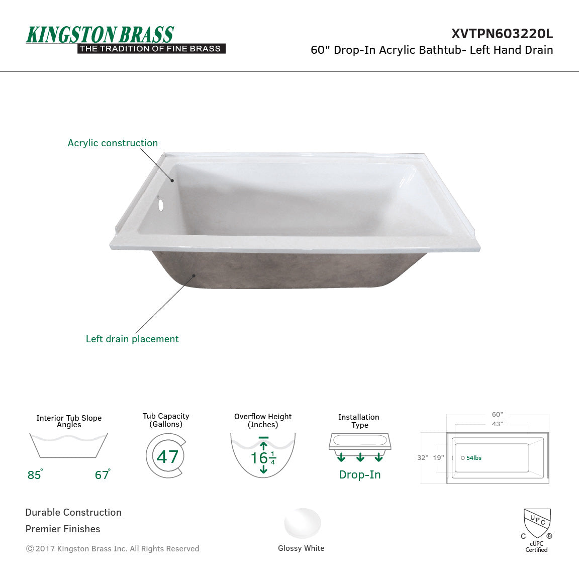 Aqua Eden 60-Inch Acrylic Rectangular Drop-In Bathtub | Left-Hand Drain | Glossy White Finish | Perfect for Modern Bathroom Renovations & Spa-Like Relaxation