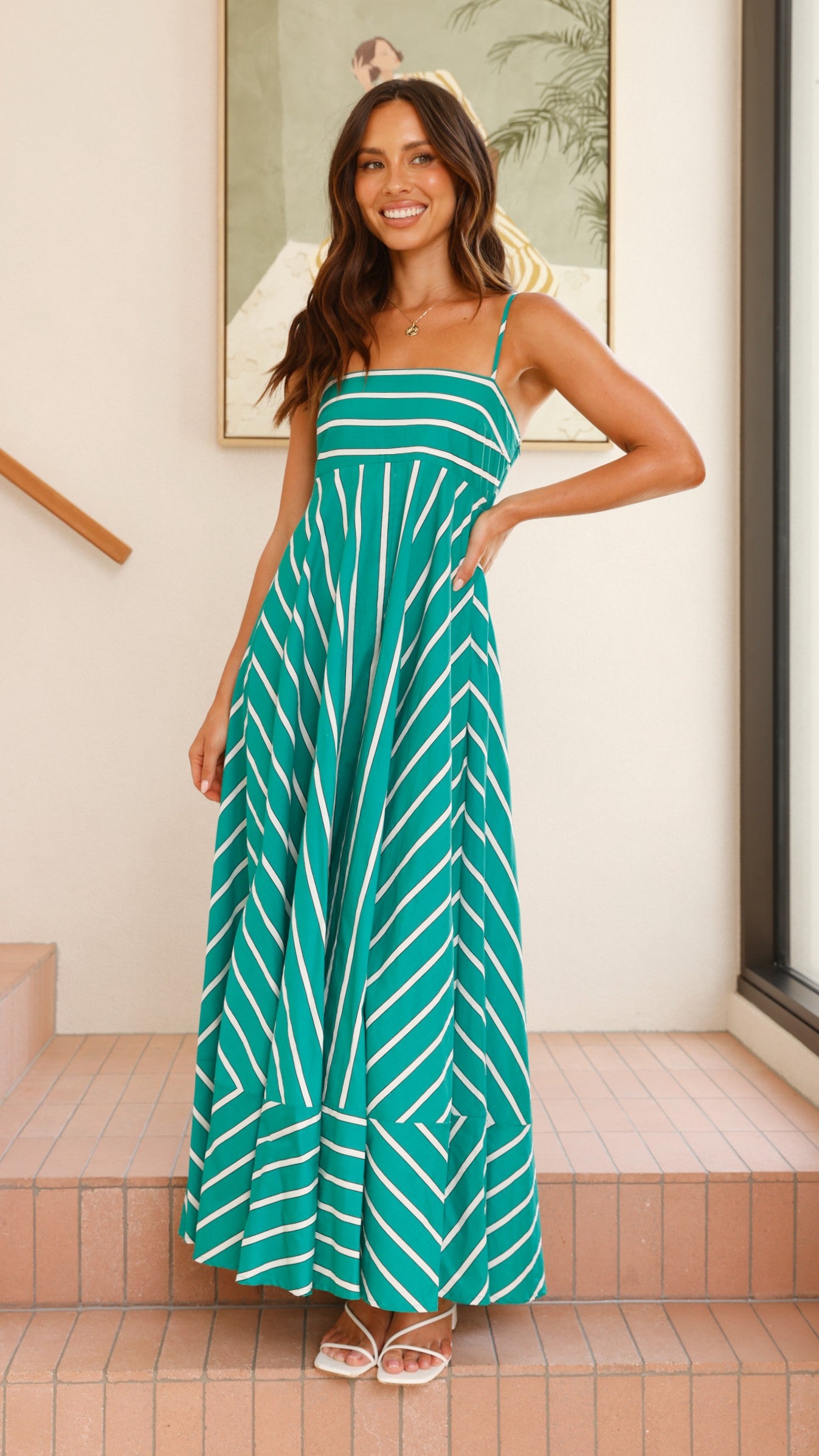 Kaethe Maxi Dress - Green Stripe Flowy Summer Dress for Women | Beach Cover Up, Vacation Outfit, Boho Chic Style