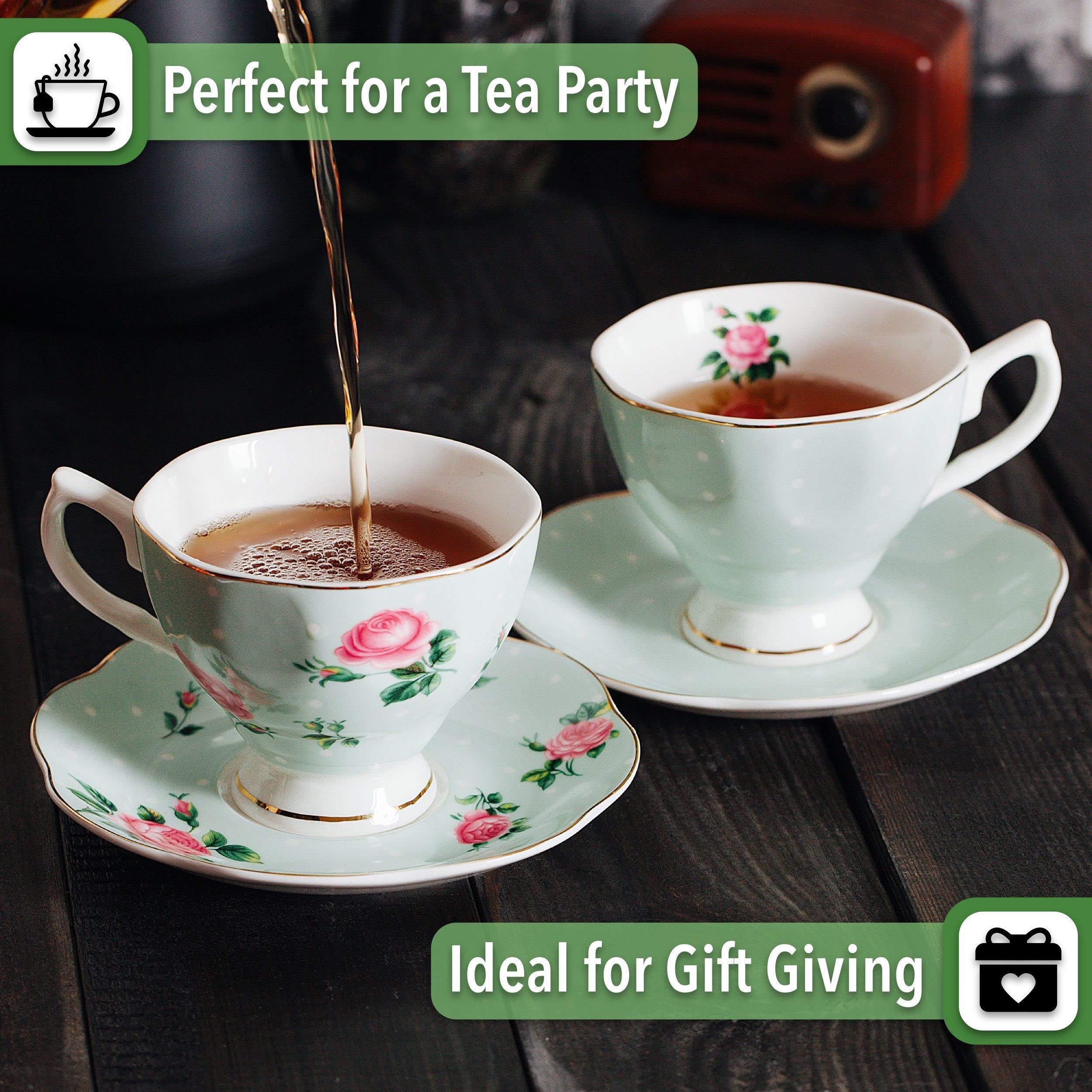 BTaT Floral Tea Cups and Saucers Set of 2 - 8oz Porcelain Coffee Cups with Gold Trim, British Style Tea Set for Women, Perfect for Afternoon Tea, Mother's Day Gift, Bridal Shower or Home Decor