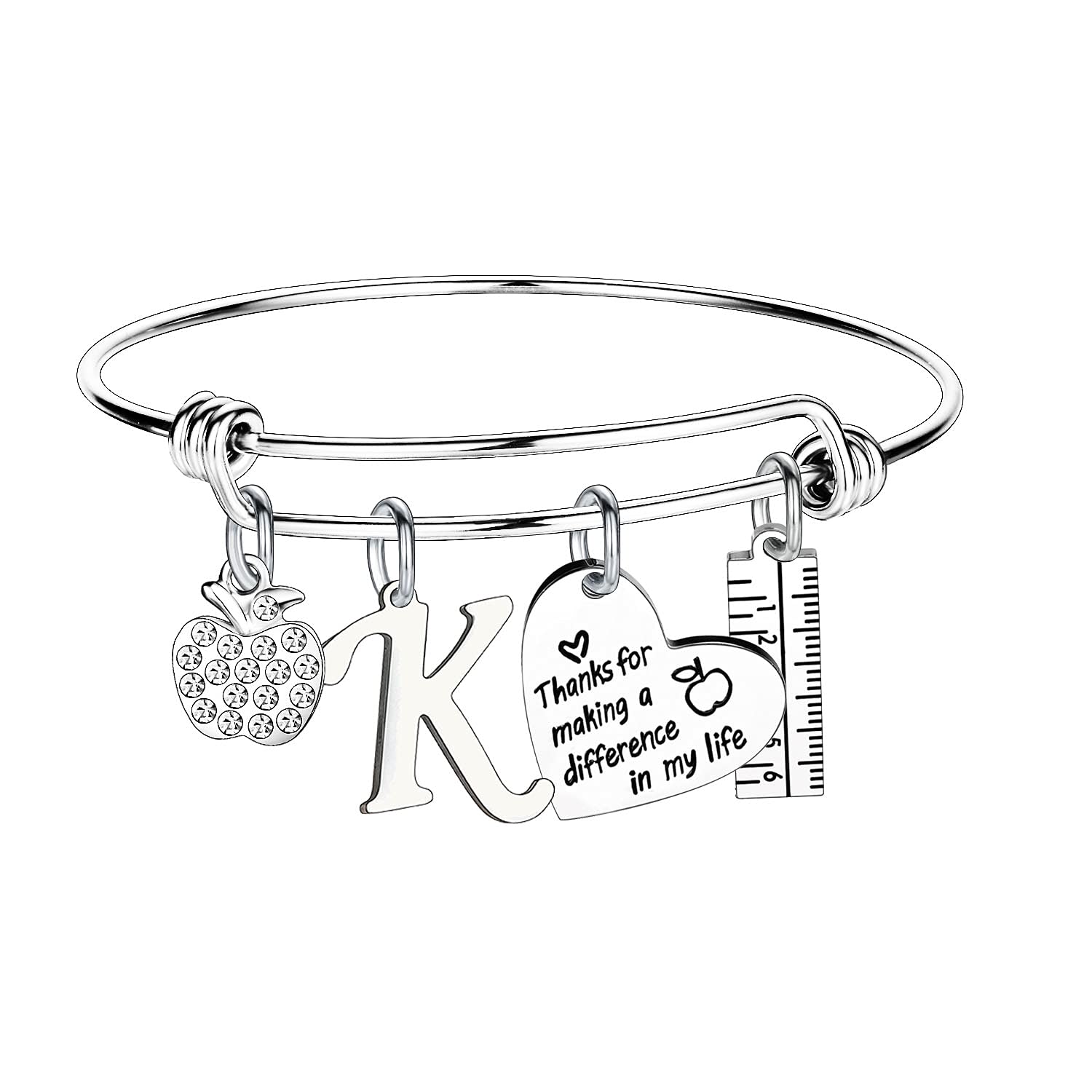 Personalized Teacher Initial Bangle Bracelet - Thoughtful Teacher Appreciation Gift for Women - Perfect Thank You Gift for Educators, Mentors & Professors - Ideal for Teacher's Day, Retirement & End of Year Gifts