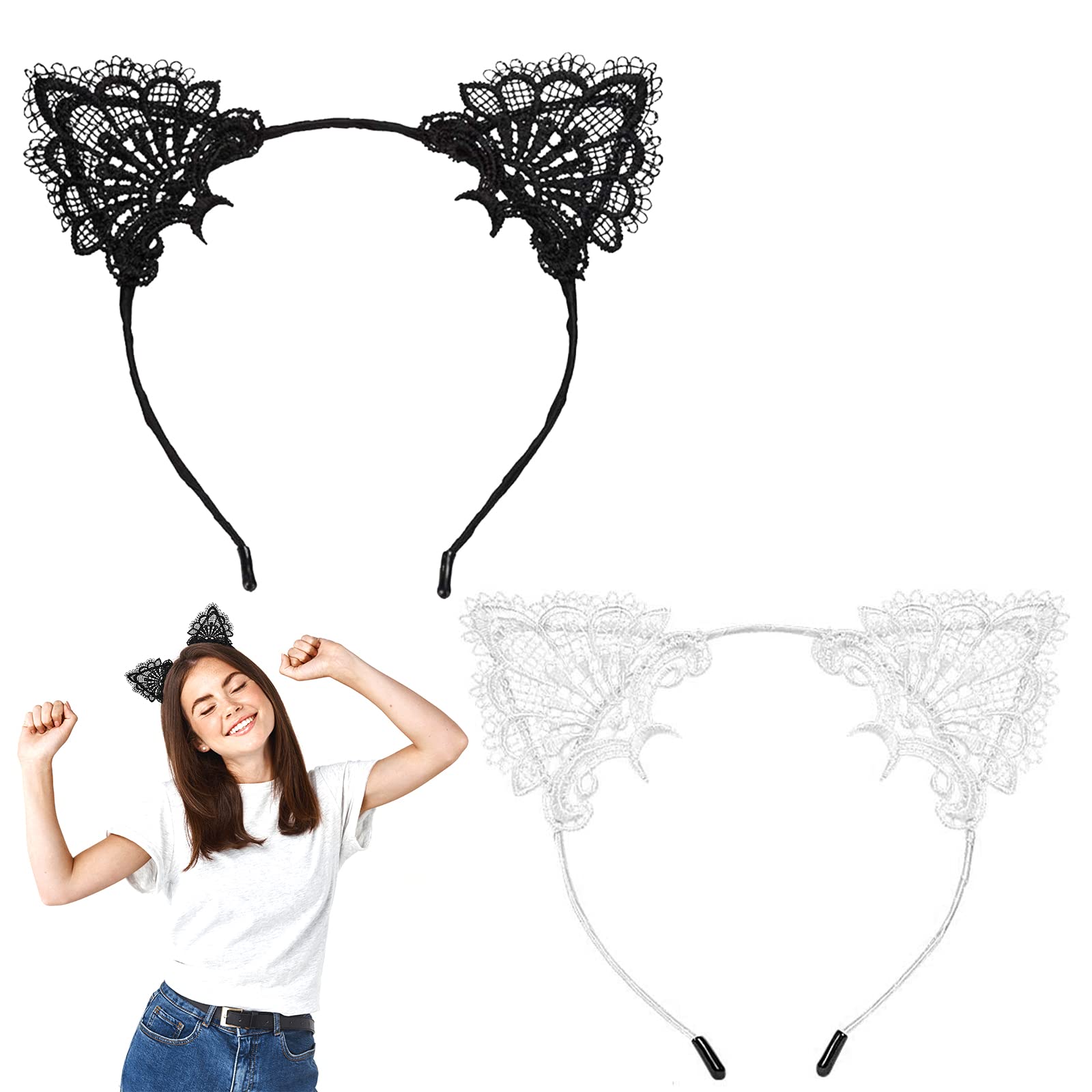 2Pcs Lace Cat Ears Headband - Bat Ear Clips & Cat Maid Headband for Women, Kawaii Hair Accessories for Girls, 70s Retro Style Hair Hoop - Perfect for Cosplay, Halloween Party & Anime Convention Costume Accessories