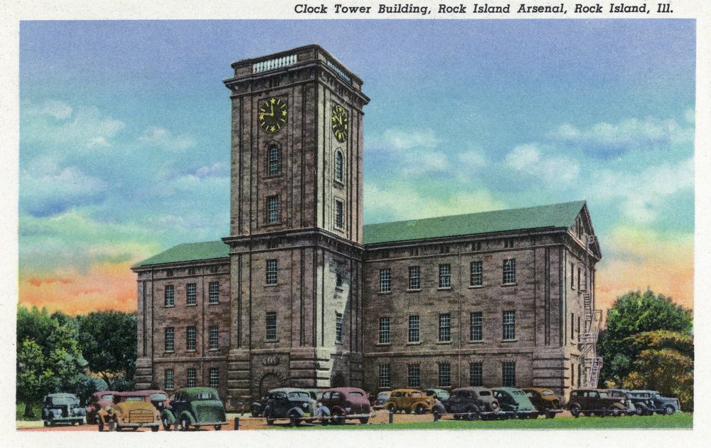 Rock Island Arsenal Clock Tower Building View - 12x18 Hand Signed Print, Master Wall Art Poster for Home & Office Decoration - Perfect for Living Room, Bedroom, or Office Wall Decor