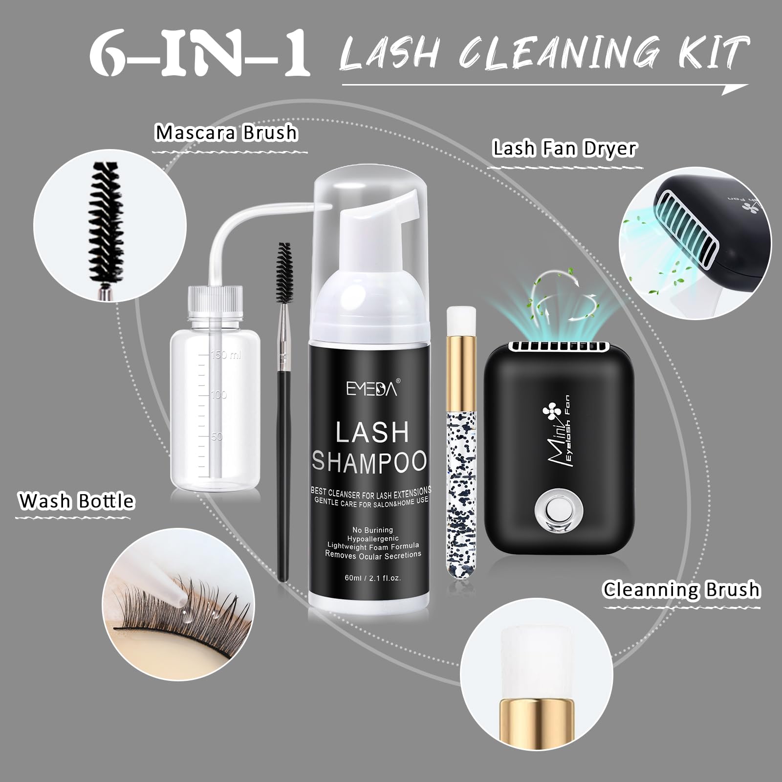 EMEDA Lash Shampoo Kit - USB Portable Fan Brush for Eyelash Extensions Cleaning | Safe for Home & Salon Use