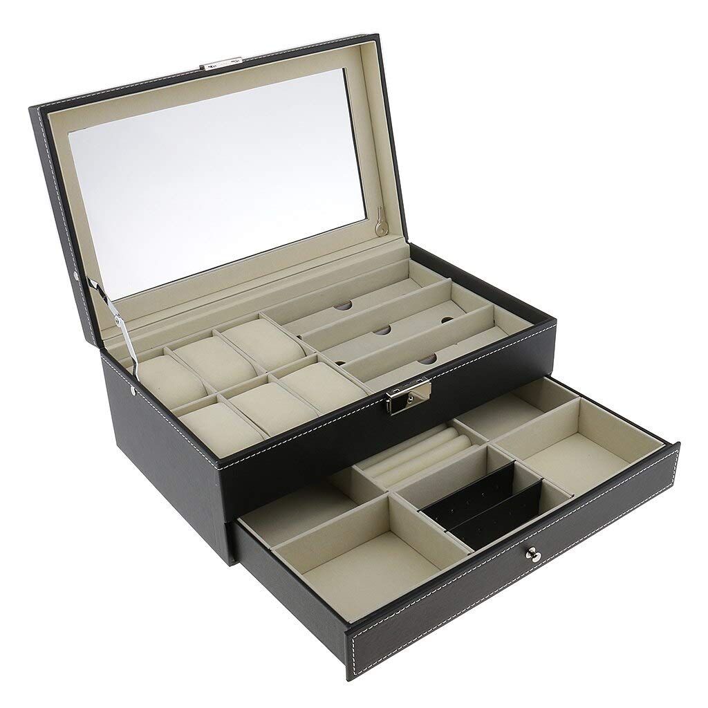 Luxury Black Double Layer Watch Box with 16 Grids - Jewelry, Watch & Glasses Storage Organizer Case - Perfect for Travel, Home & Office Organization