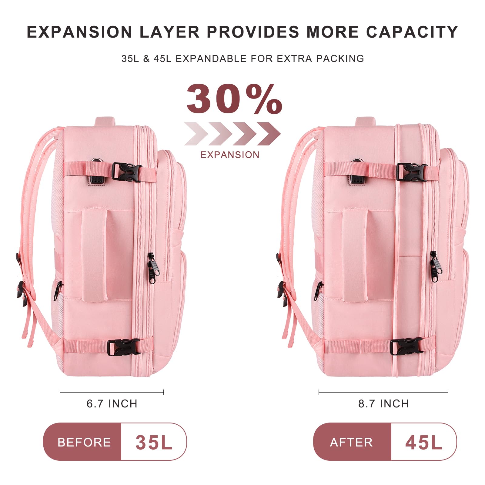Women's 52L Expandable Travel Backpack - TSA Approved Carry On Luggage with USB Port | Large Flight Approved Business Backpack for Teachers, Commuters & Weekend Trips | Perfect for Air Travel, Work & Daily Use (Pink)