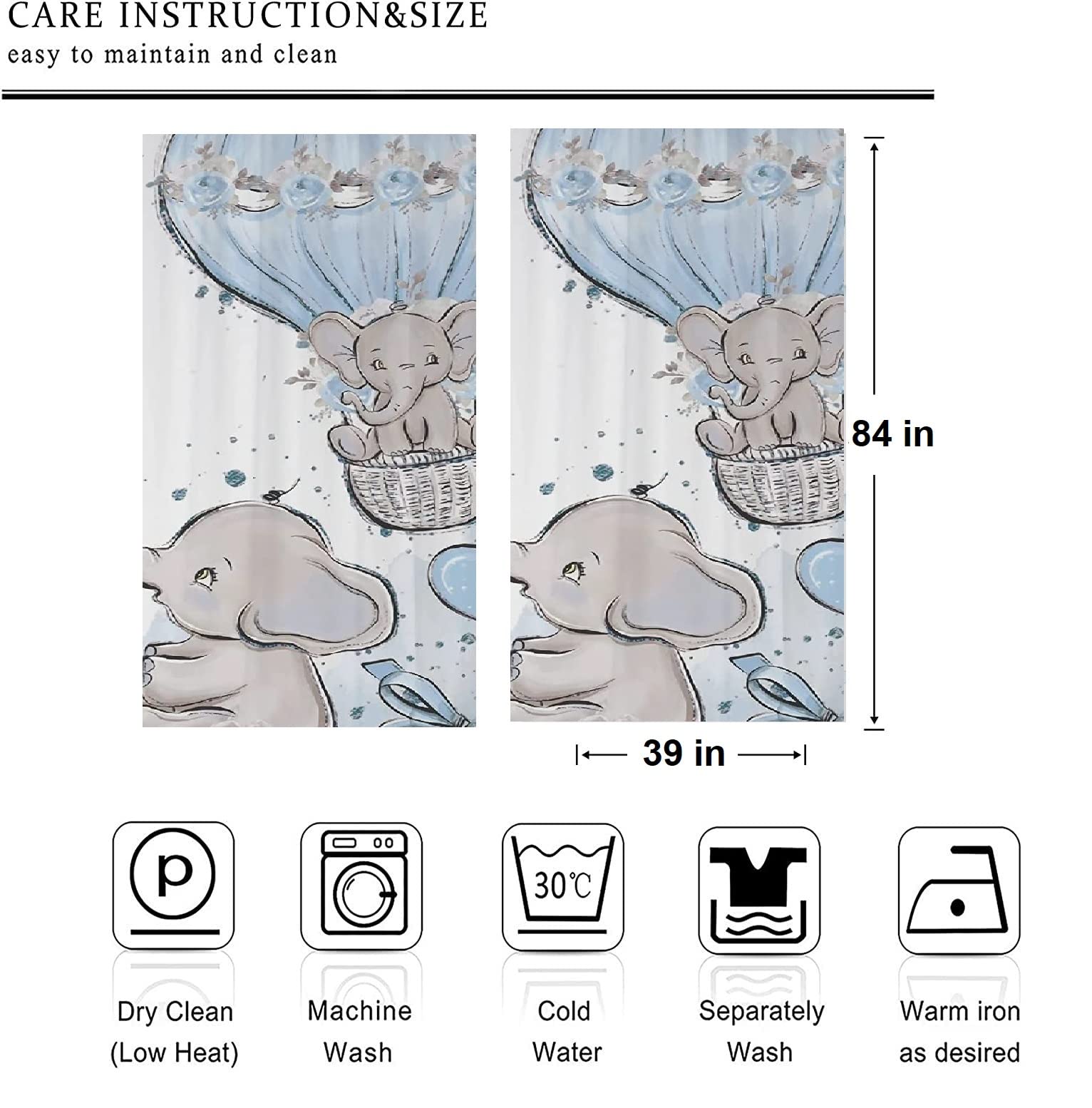 Adorable Elephant & Balloon Nursery Curtains for Baby Boy's Room - 39x84 Inch Blackout Window Drapes (Pair) - Perfect for Nursery Decor, Kids Bedroom & Playroom