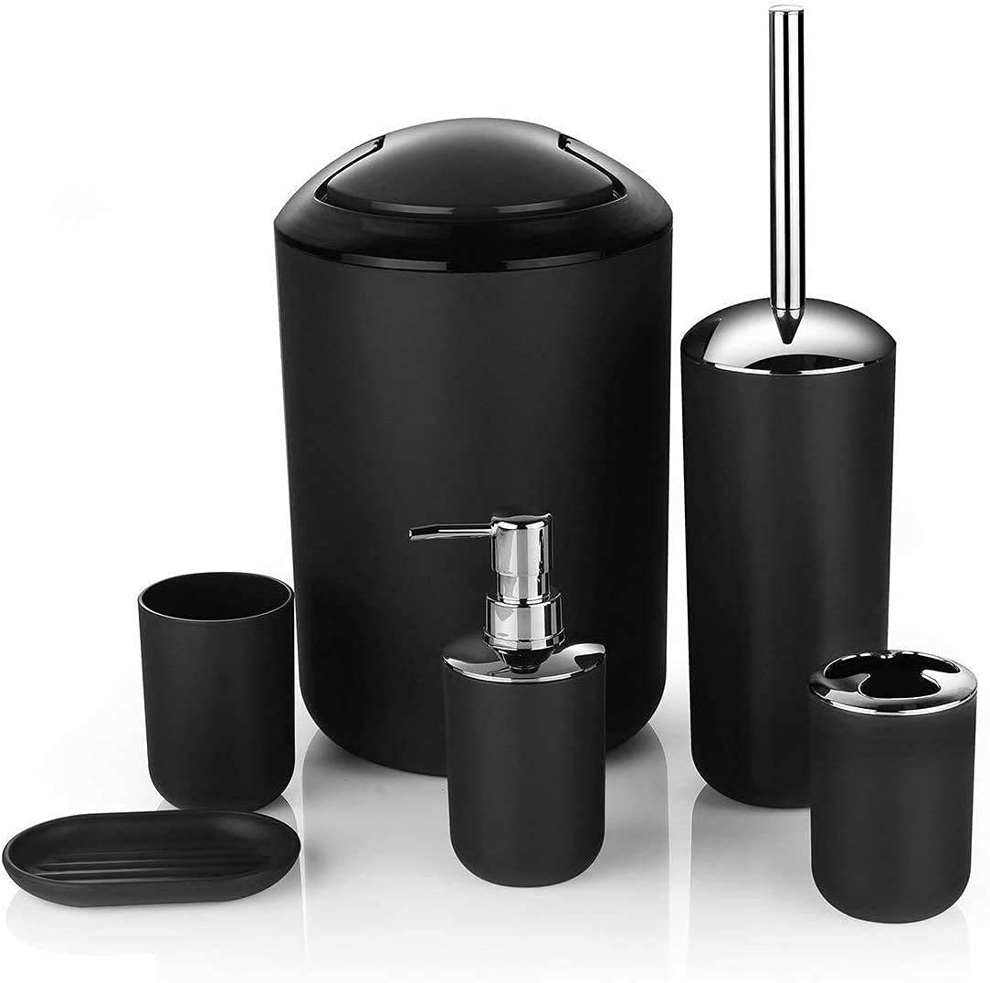 6-Piece Modern Bathroom Accessories Set - Black Toothbrush Holder, Soap Dispenser, Waste Bin, Toilet Brush with Stand | Minimalist Design for Home & Hotel Bathrooms | Water-Resistant & Easy to Clean