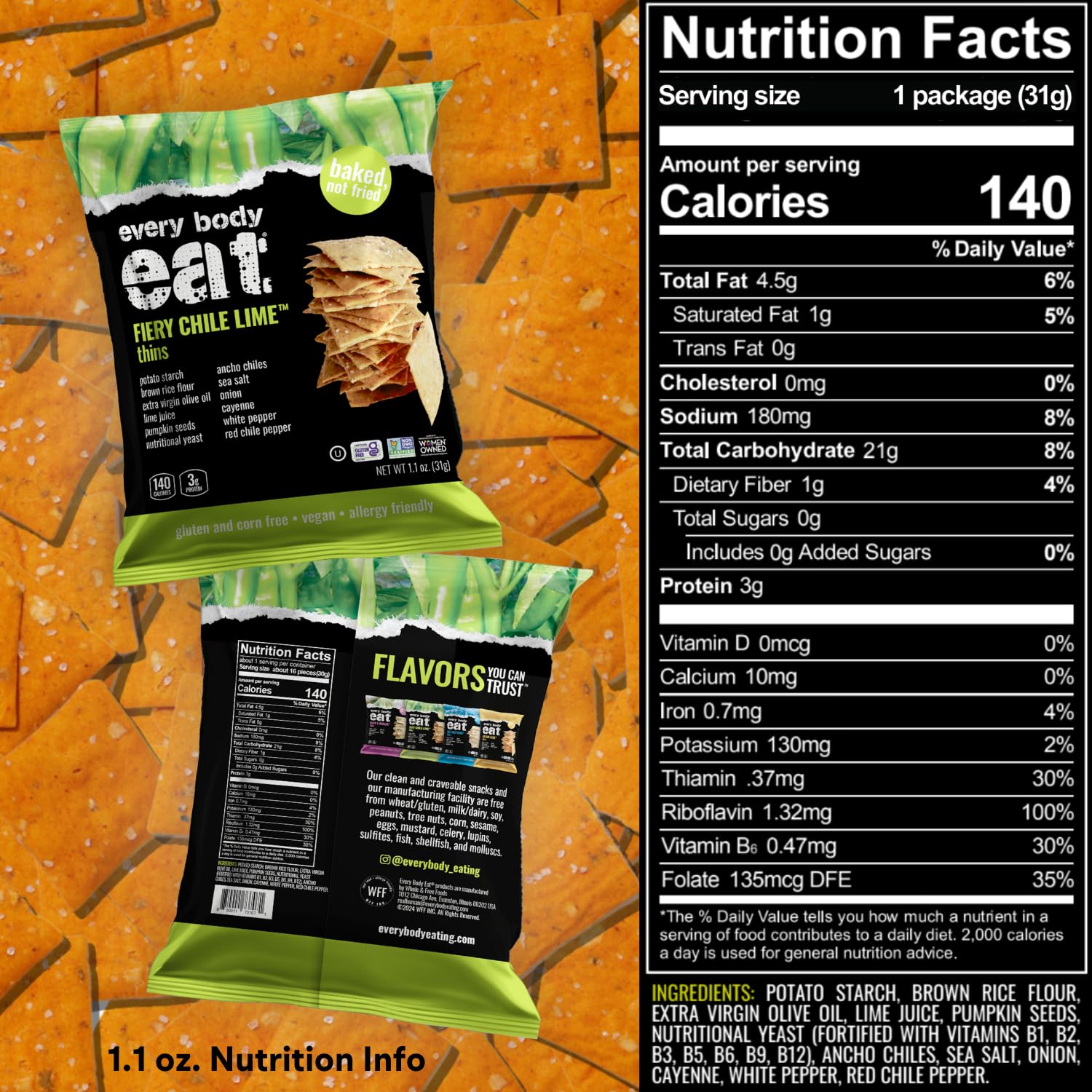 Every Body Eat Snack Thins - Fiery Chile Lime Flavor | Gluten Free, Dairy Free, Vegan Snacks | Perfect for School Lunches & On-the-Go (20 Single Serve Packs) | Great for Office Snacking, Road Trips & Healthy Lifestyle