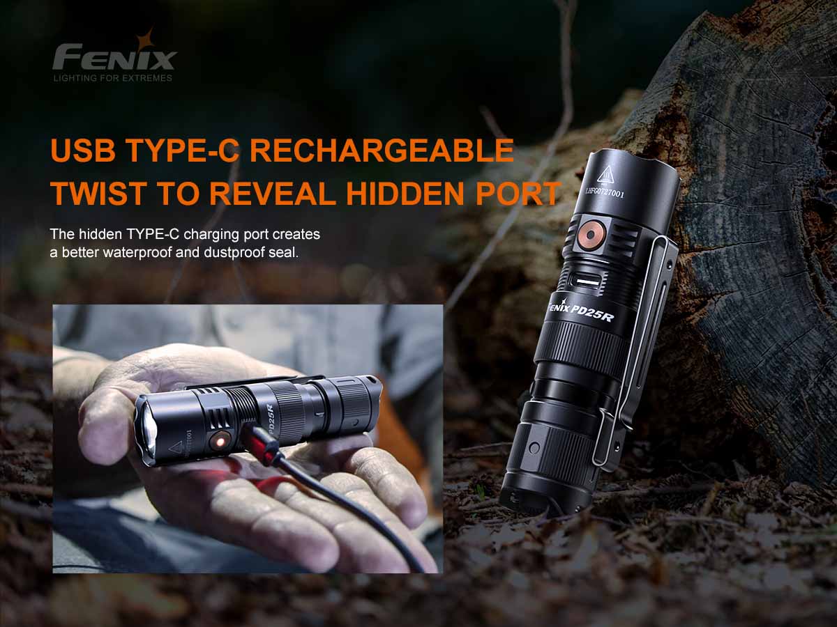 Fenix PD25R Rechargeable EDC Flashlight - 1200 Lumens, USB-C Charging, Compact Tactical Light for Camping, Hiking & Emergency Use