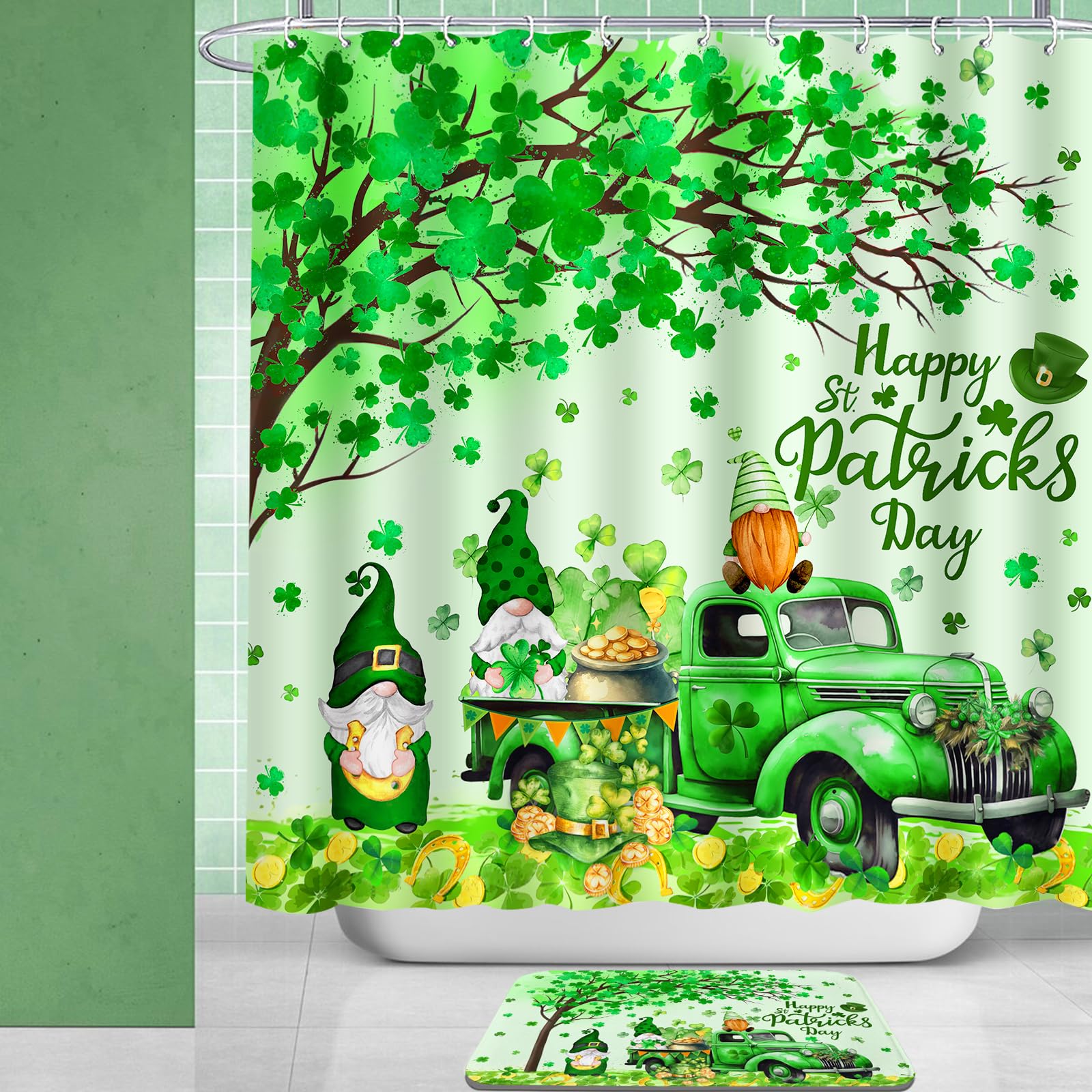 St. Patrick's Day Shower Curtain Set with Hooks & Bath Mat - Irish Gnome Themed Bathroom Decor for St. Paddy's Day Celebration - Perfect for Holiday Bathroom Makeover & Leprechaun Party Decorations