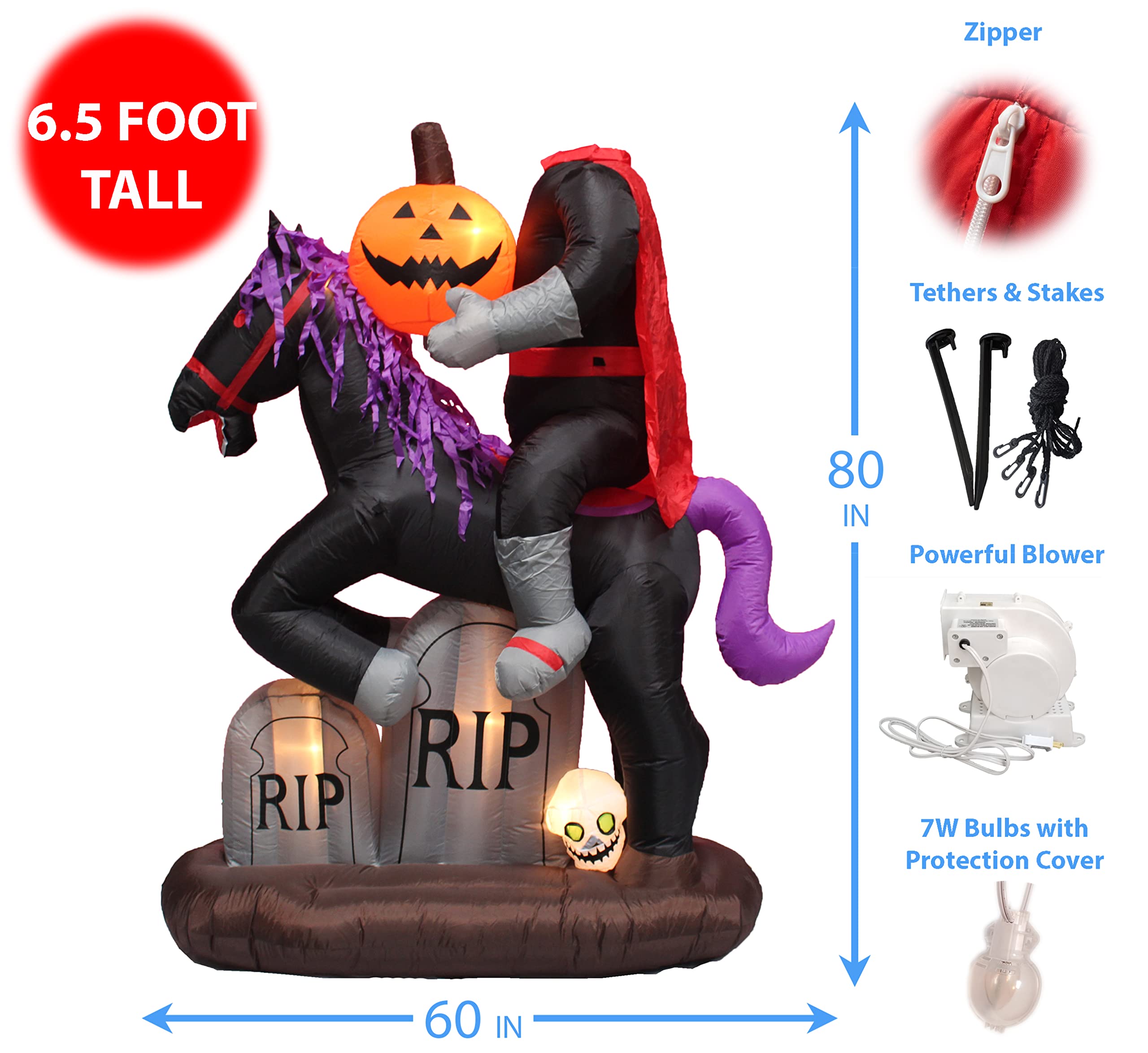 Halloween Party Decorations Bundle - 8ft Inflatable Ghost Spider Archway & 6.5ft Lighted Headless Horseman with Horse, Tombstones, Skull & Pumpkin - Perfect for Outdoor Yard Haunt, Spooky Home Decor & Halloween Night Party