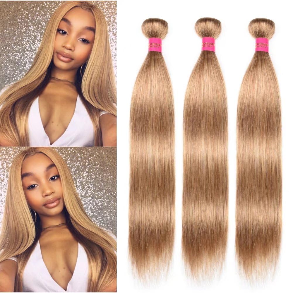 FEEL ME Honey Blonde Brazilian Hair 3 Bundles - Unprocessed Virgin Straight Human Hair Extensions 8A Grade - Color #27 (10 12 14 Inch) - Perfect for Daily Styling, Parties & Special Occasions