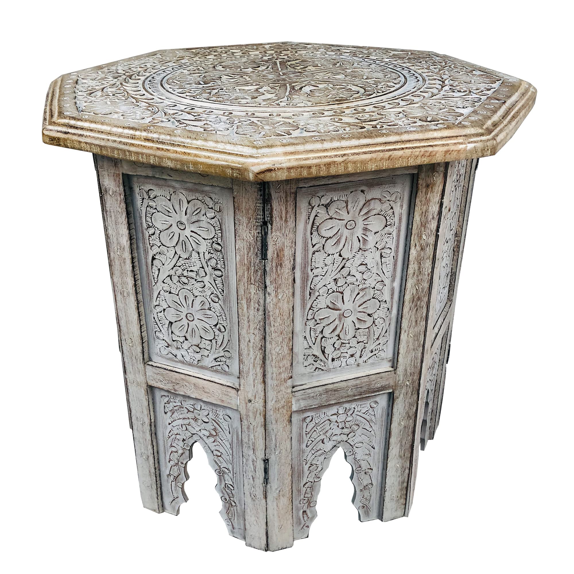 Farmhouse Wooden Side Table with Engraved Design - Octagonal Top End Table for Living Room, Bedroom, or Patio - Rustic Home Decor Accent Table