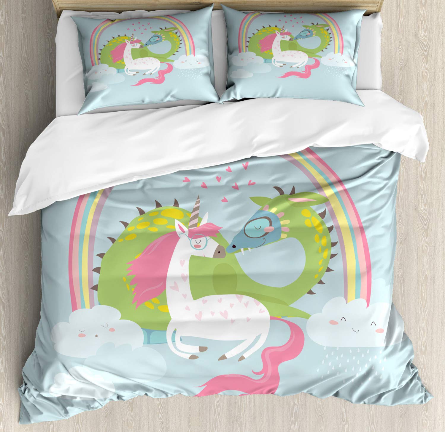 Ambesonne Fantasy Duvet Cover Set - Dragon & Unicorn Romance Design, 2-Piece Queen Size Bedding Set with 4 Pillowcases (Pale Blue & Pink) | Perfect for Couples Bedroom, Kids Room Decor & Fantasy Themed Home Decor
