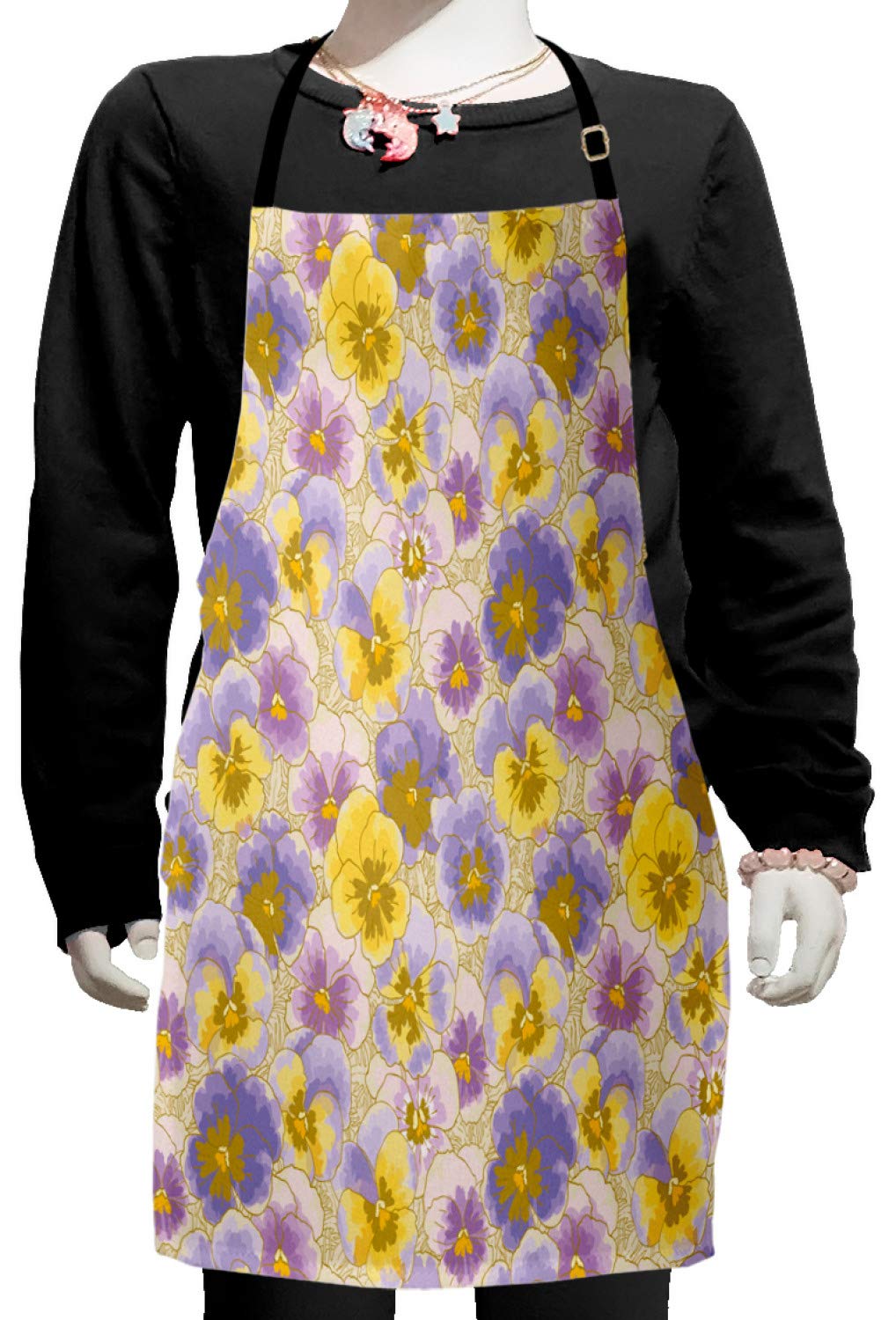 Ambesonne Floral Apron - Hand Drawn Pansy Flowers Garden Botanical Watercolor Pattern - Adjustable Ties Baking & Painting Apron - Small Size Lavender Lilac Yellow - Perfect for Cooking, Baking, Gardening & Arts & Crafts