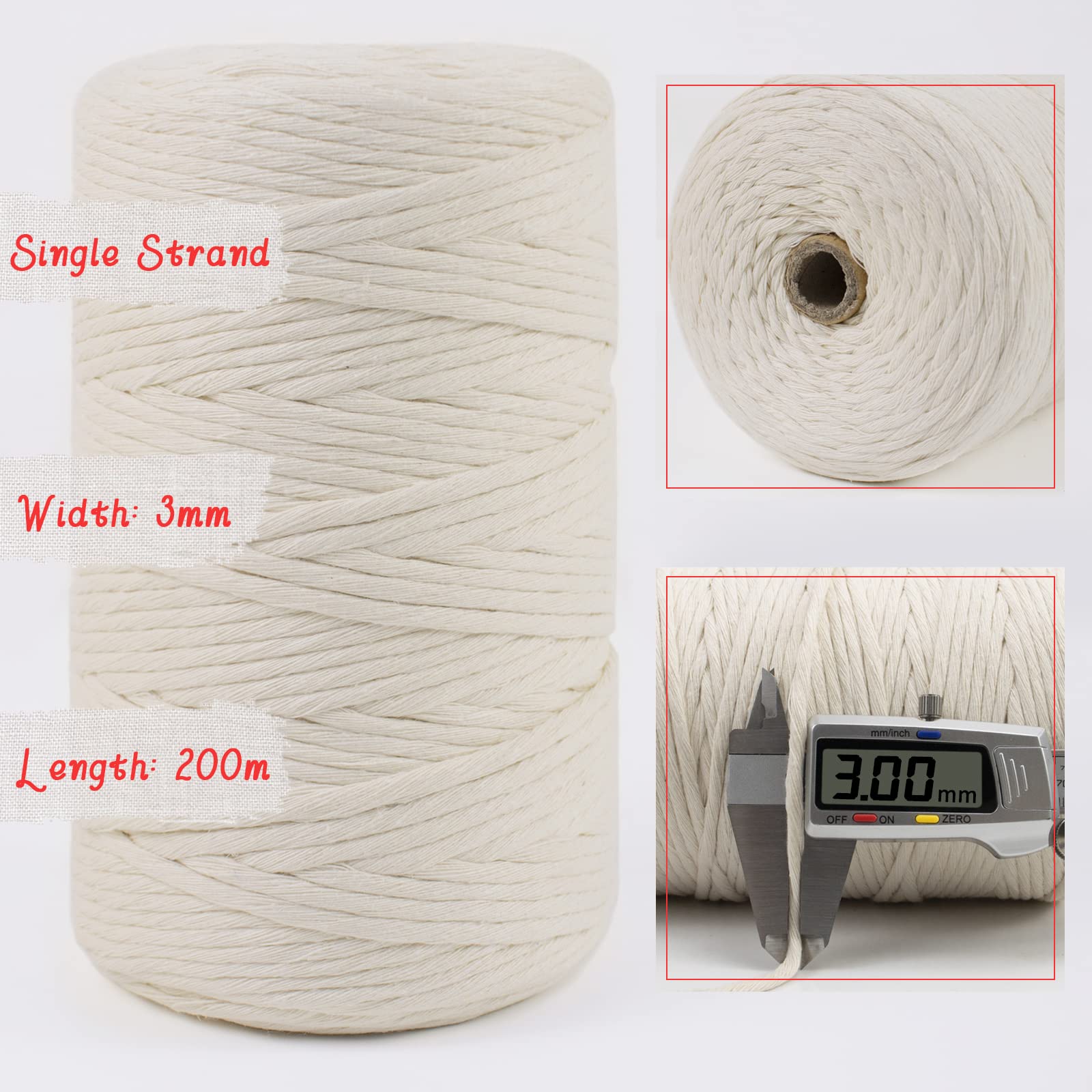 3mm Single Strand Macrame Cord 220 Yards - Natural Cotton Rope for Wall Hangings, Plant Hangers, DIY Crafts & Home Decor | Perfect for Bohemian Style, Macrame Projects & Handmade Gifts