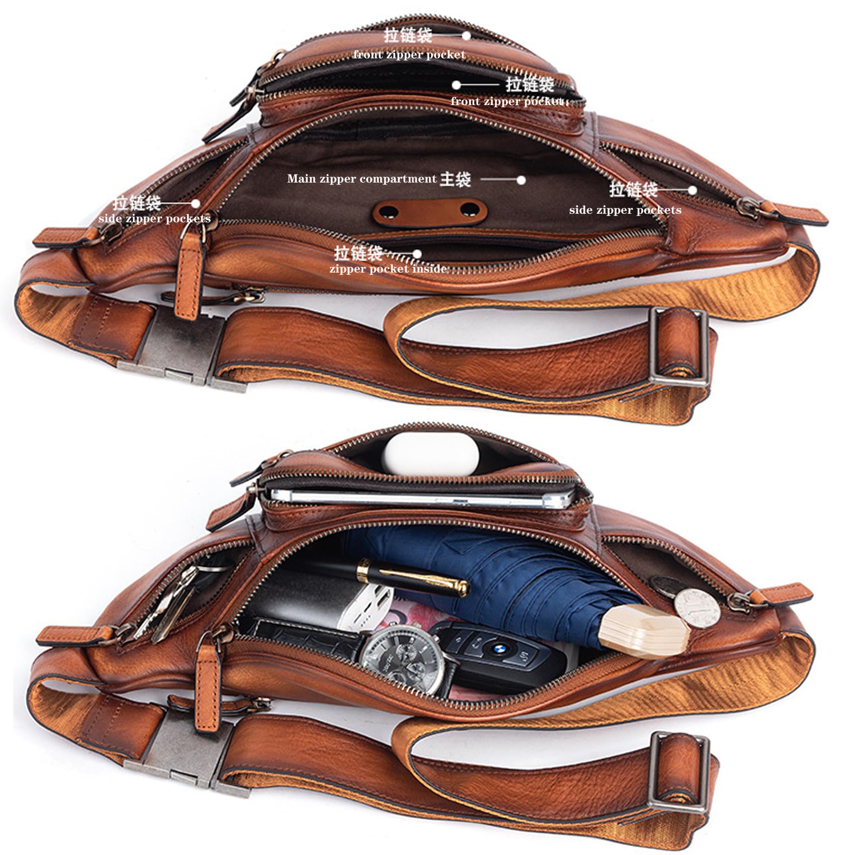 Genuine Leather Waist Pack for Men & Women - Crossbody Fanny Pack with Multiple Pockets - Travel, Hiking & Everyday Use (Brown)