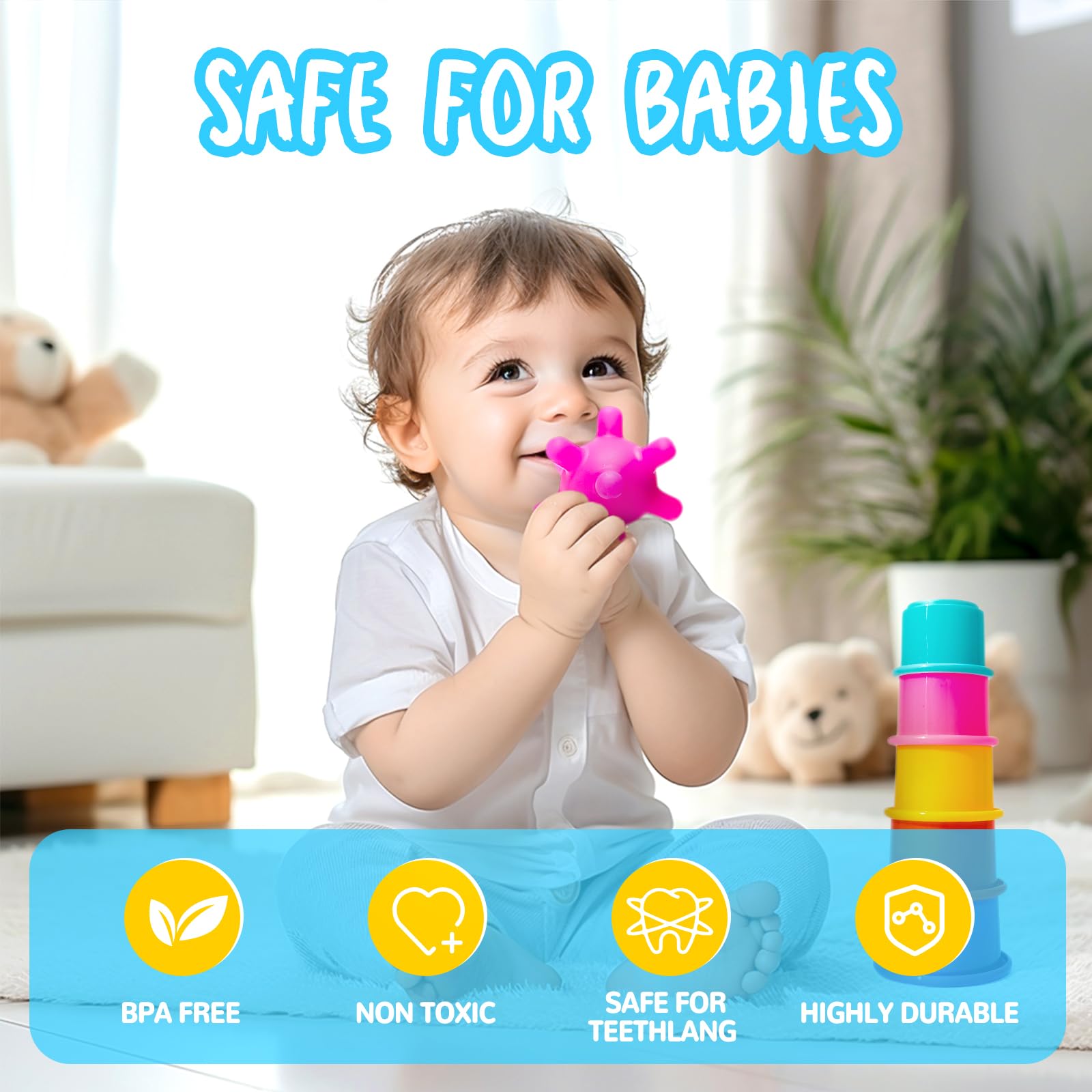 Montessori Toys for Babies 0-12 Months - 6-in-1 Sensory Stacking Blocks for Infant Development - Educational Learning Toys Gift for 1-3 Year Old Boys & Girls - Perfect for Daycare, Toddler Playtime & Early Childhood Education