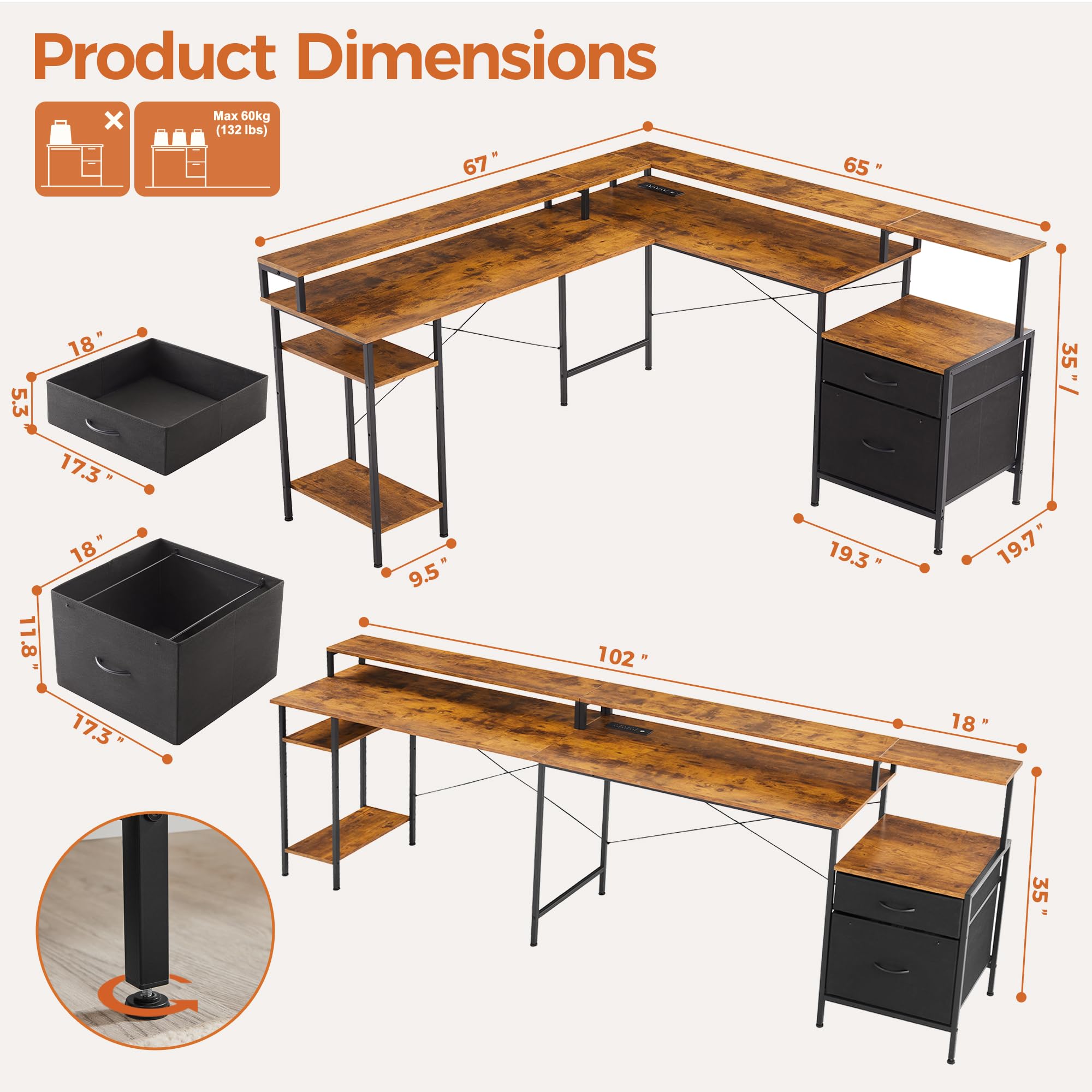 L Shaped Desk 66 Inch - Corner Computer Desk with File Drawer, LED Gaming Table, Workstation with Monitor Shelf & Printer Storage, Two Person Office Desk in Rustic Brown - Perfect for Home Office, Gaming Setup & Small Workspaces