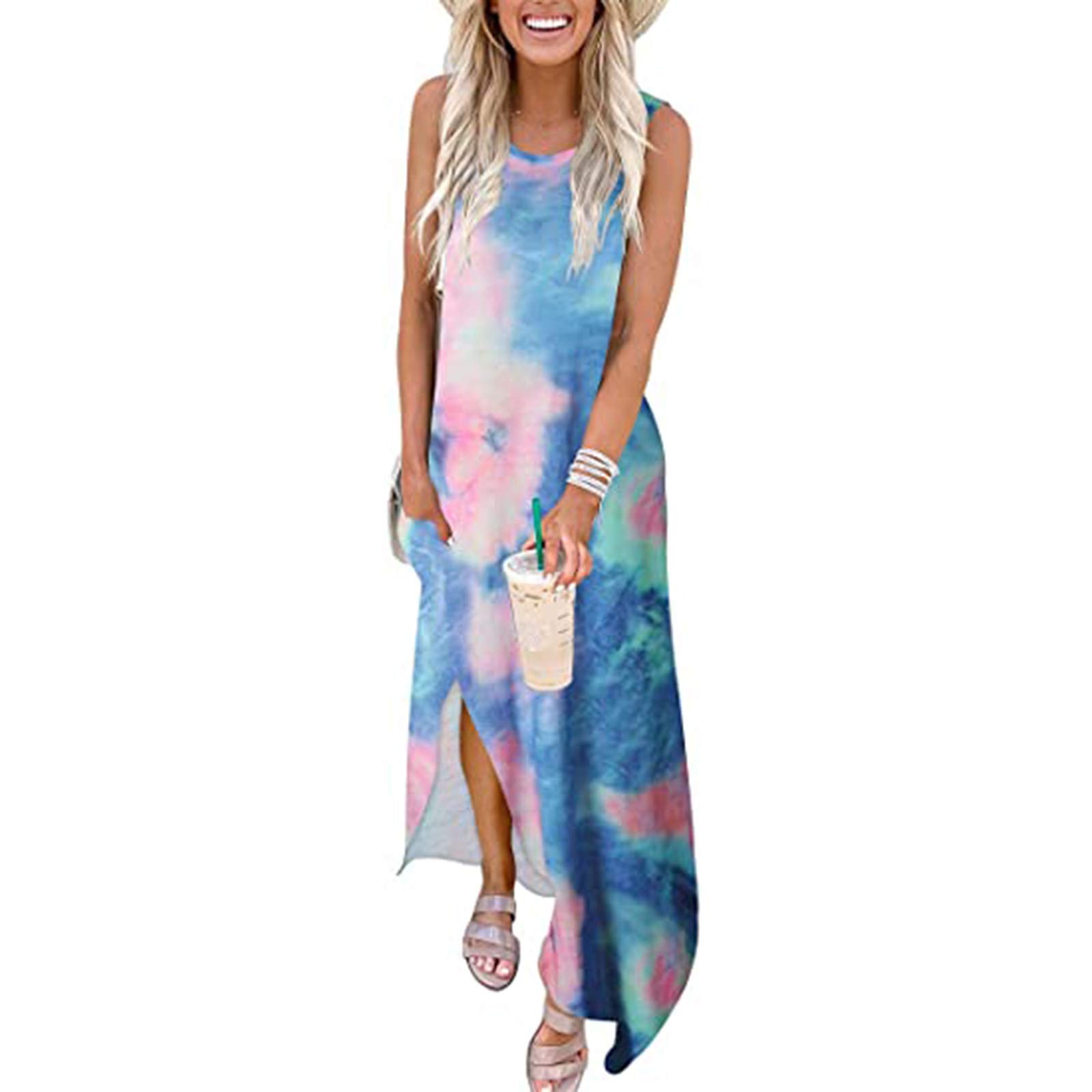 Women's Casual Sleeveless Floral Maxi Dress - Summer Beach Cover Up, Boho Tank Sun Dress with Long Skirt (Blue, X-Large) | Perfect for Vacations, Pool Parties & Outdoor Events
