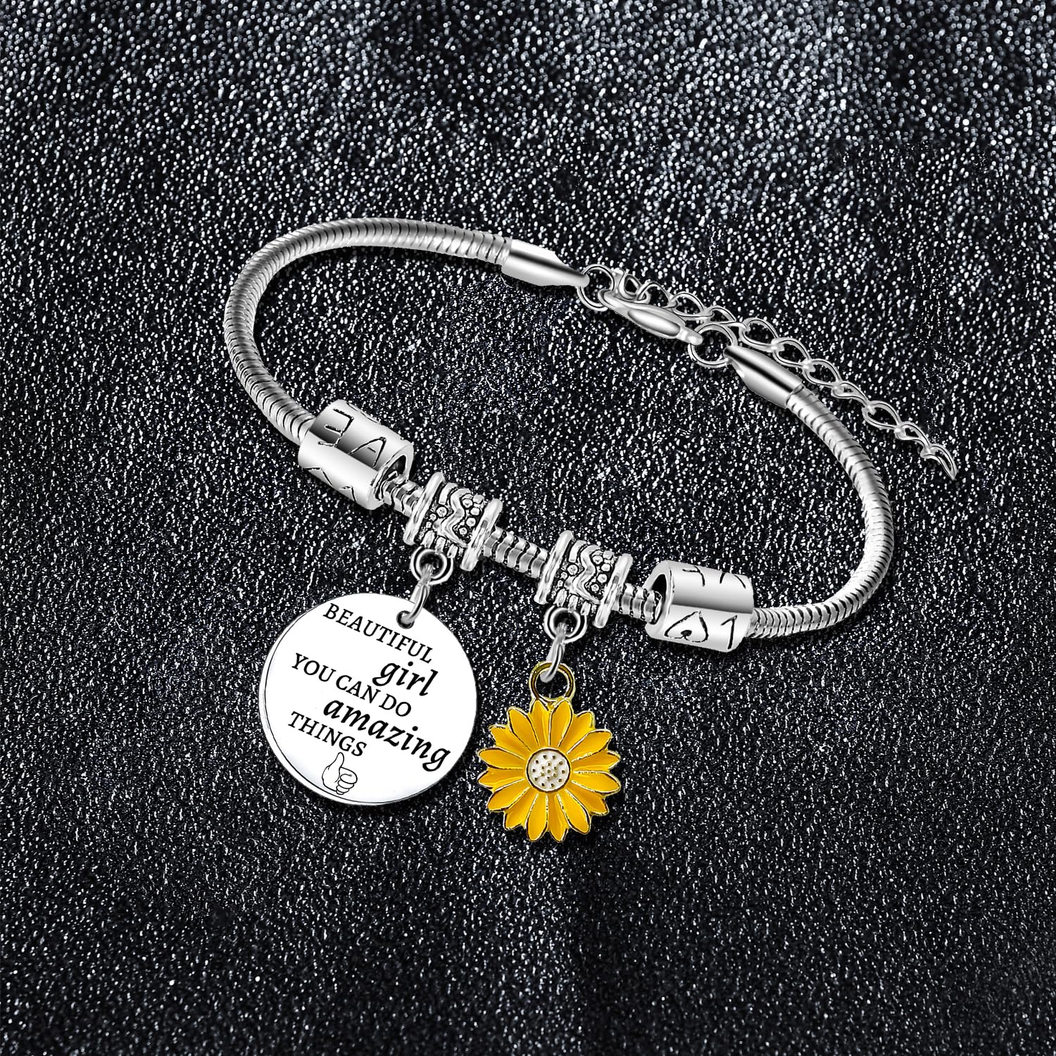 Sunflower Charm Bracelet for Women - Adjustable Inspirational Jewelry, Motivational & Encouragement Gift for Christmas, Birthday, Graduation - Perfect for Daily Wear, Office, or Special Occasions
